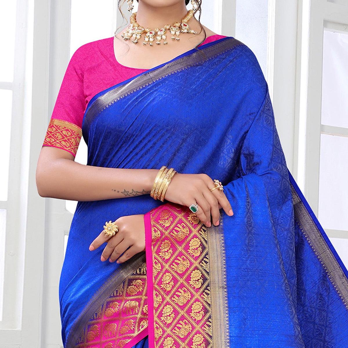 Blue Festive Wear Woven Kanjiwaram Art Silk Saree - Peachmode
