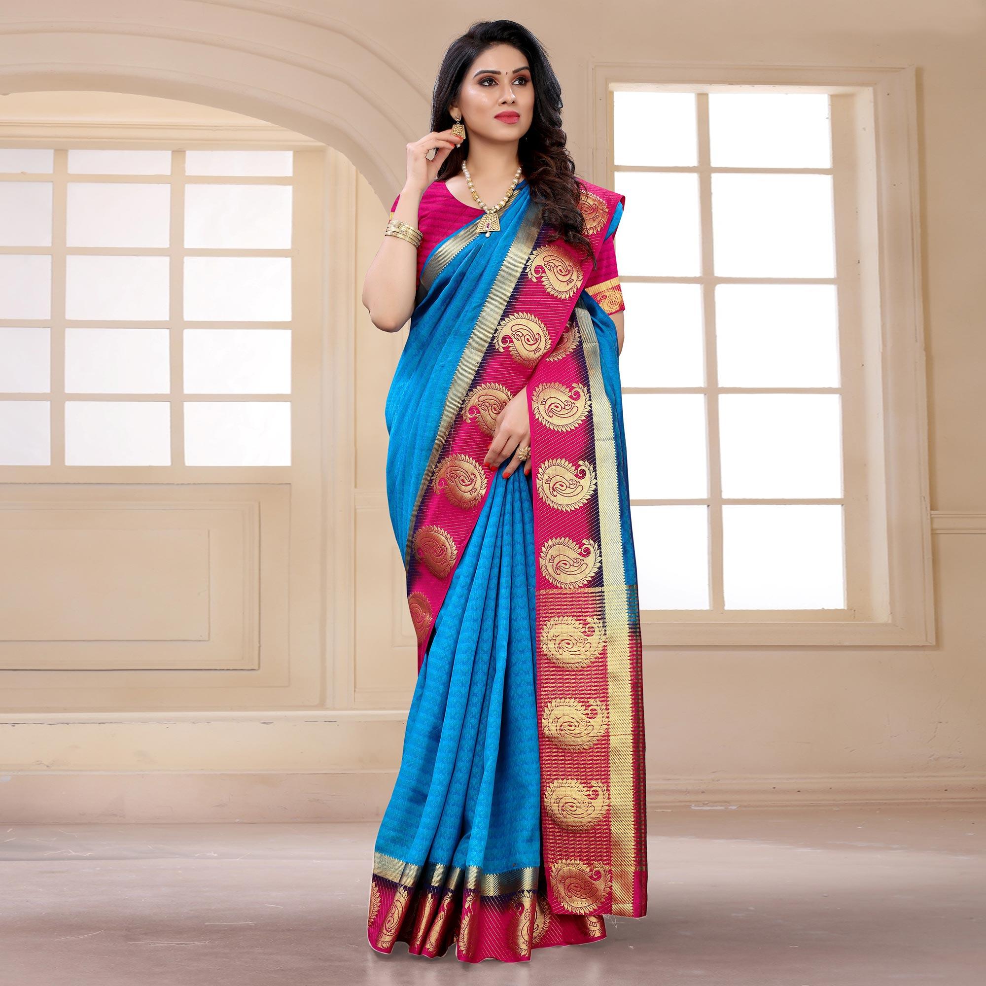 Blue Festive Wear Woven Kanjiwaram Art Silk Saree - Peachmode