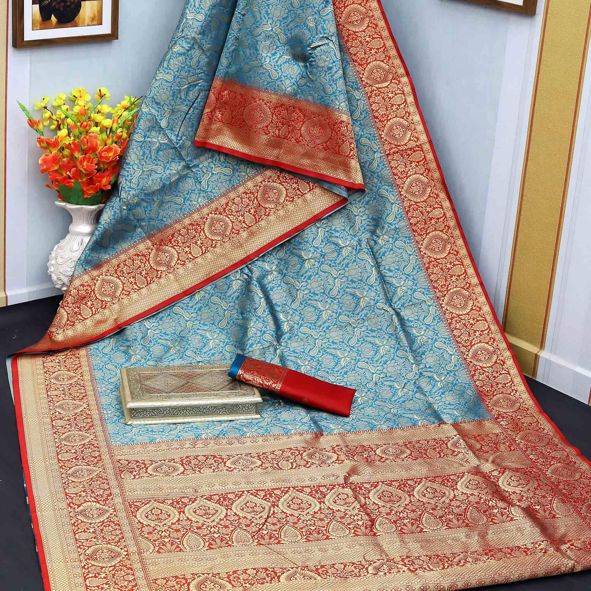 Blue Festive Wear Woven Kota Litchi Banarasi Art Silk Saree - Peachmode