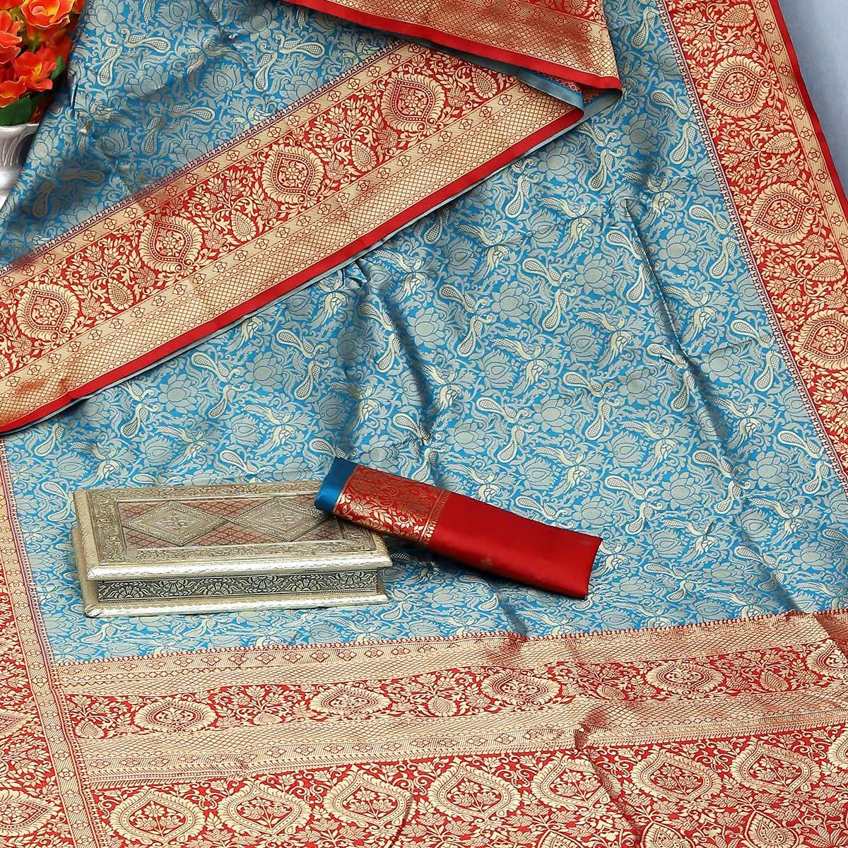 Blue Festive Wear Woven Kota Litchi Banarasi Art Silk Saree - Peachmode