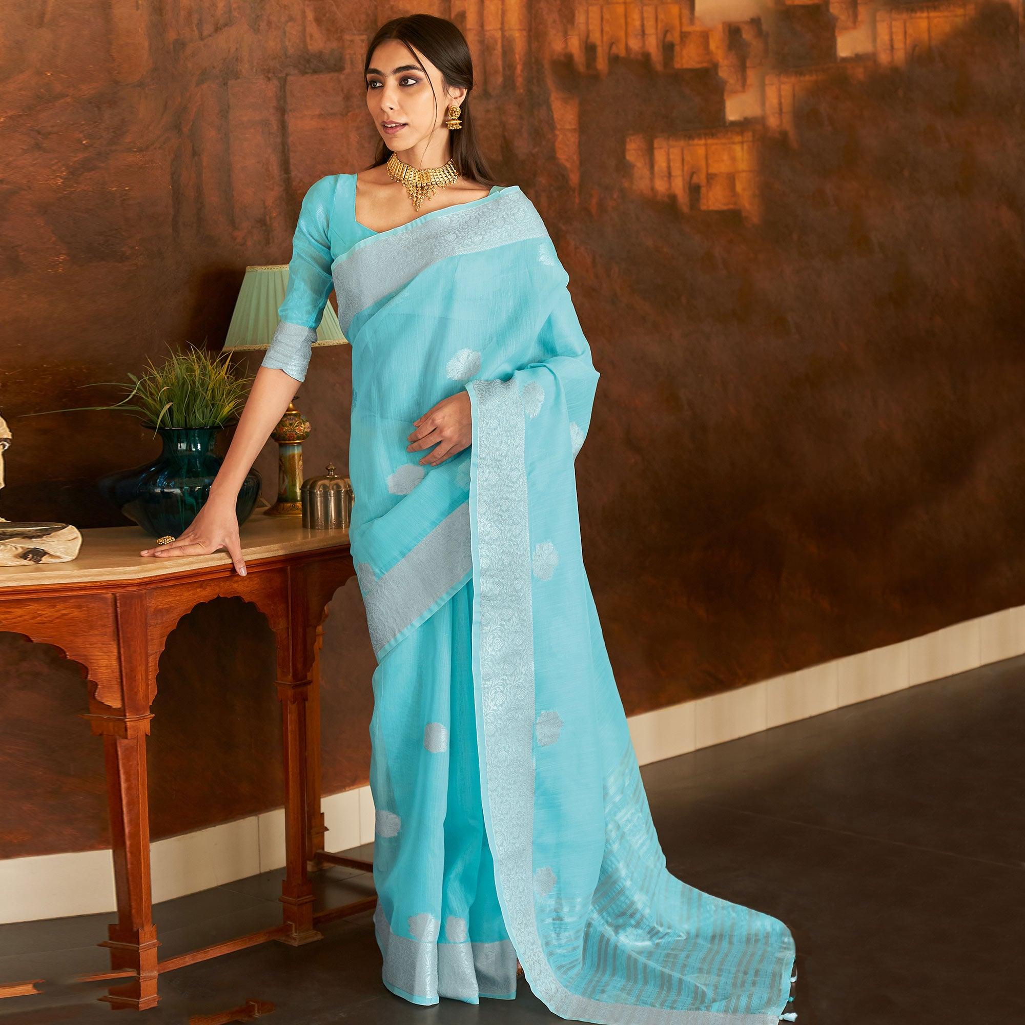 Blue Festive Wear Woven Linen Saree - Peachmode