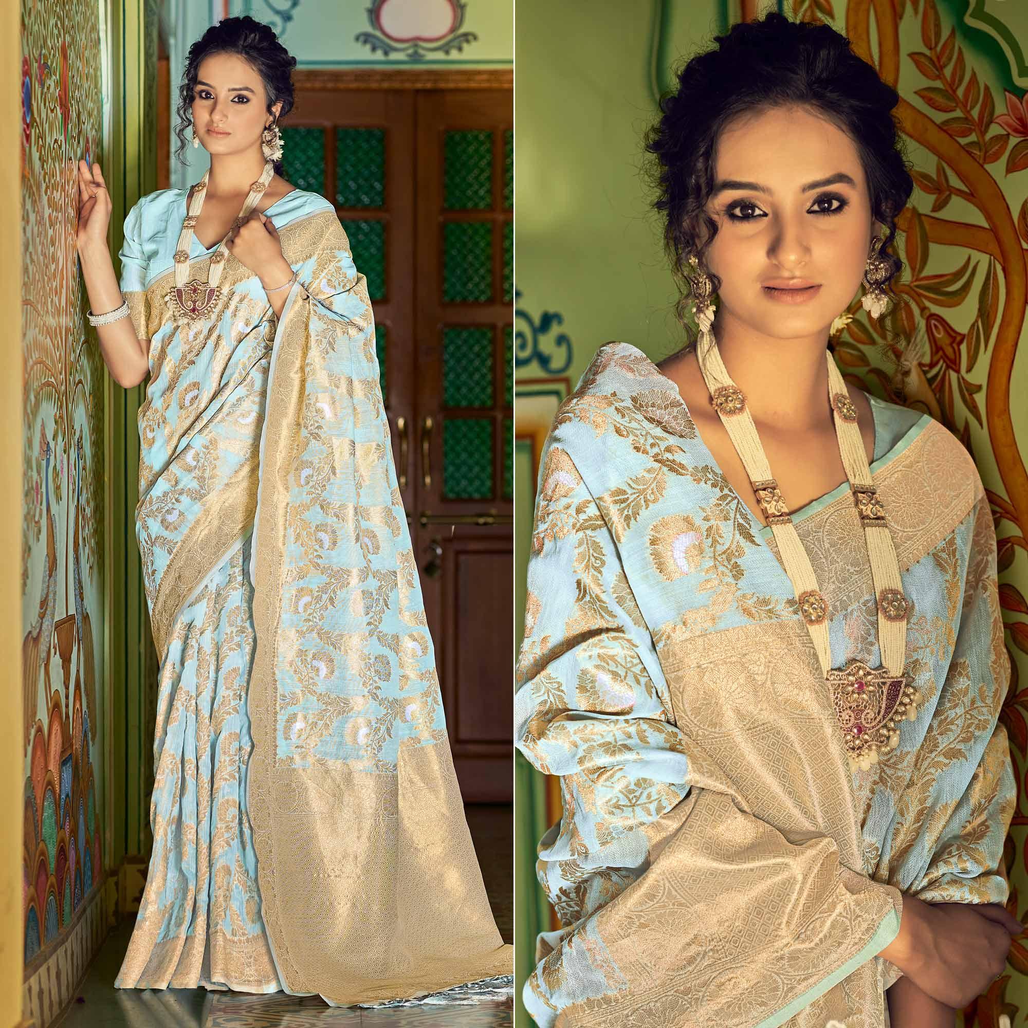 Blue Festive Wear Woven Linen Saree - Peachmode