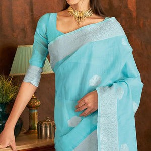 Blue Festive Wear Woven Linen Saree - Peachmode