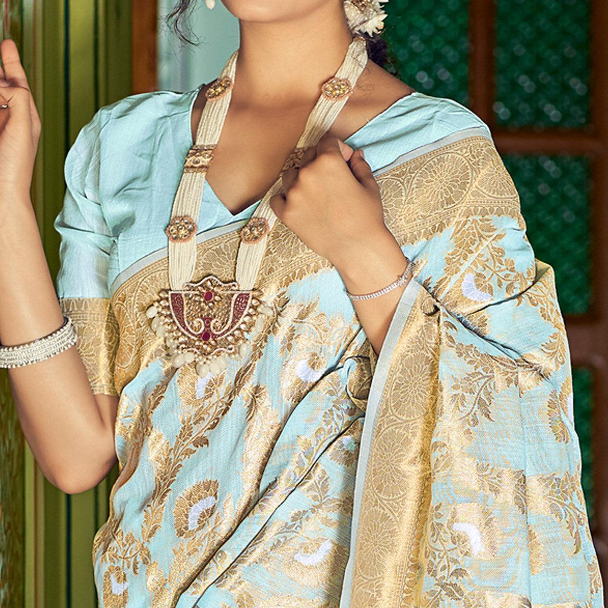 Blue Festive Wear Woven Linen Saree - Peachmode