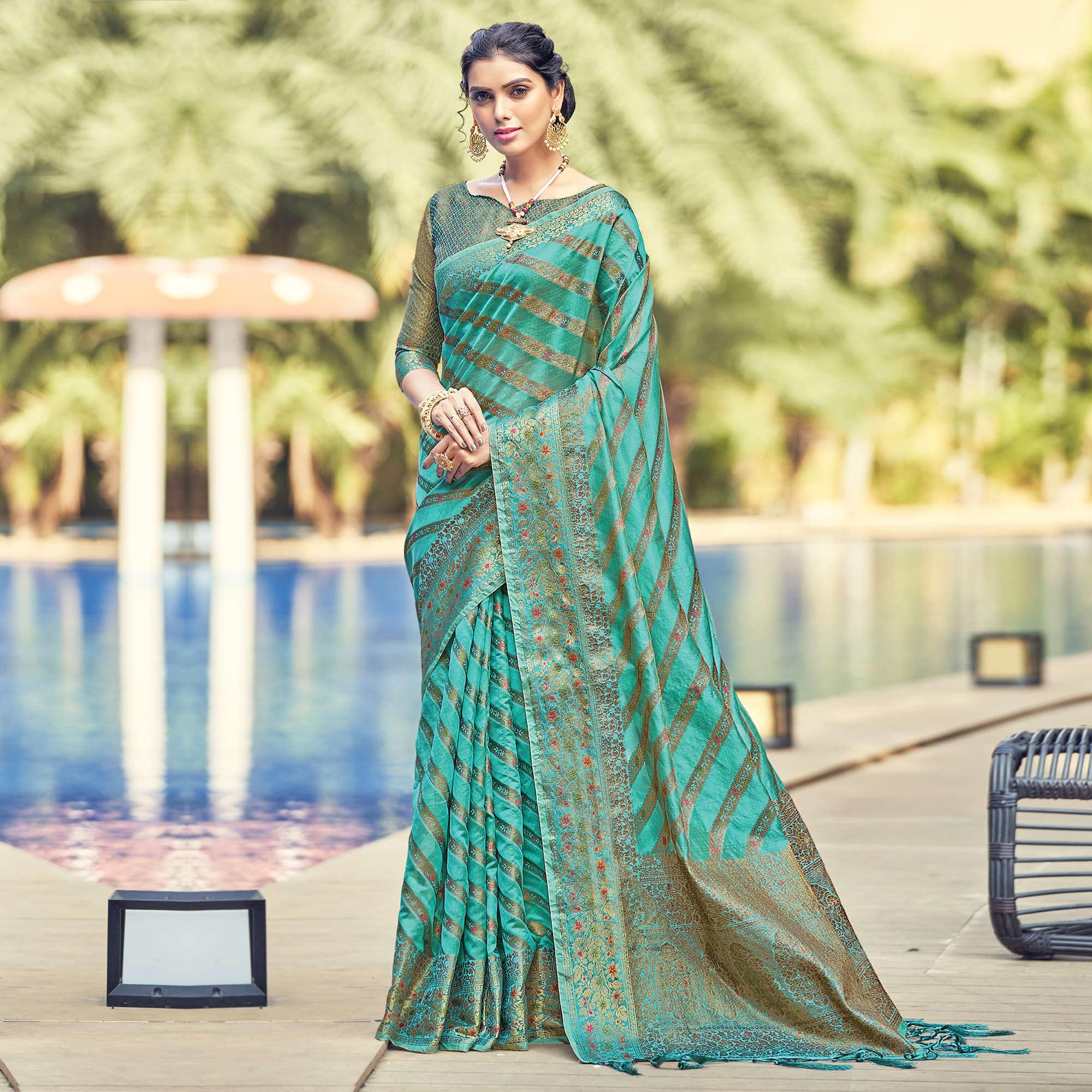 Blue Festive Wear Woven Organza Saree - Peachmode