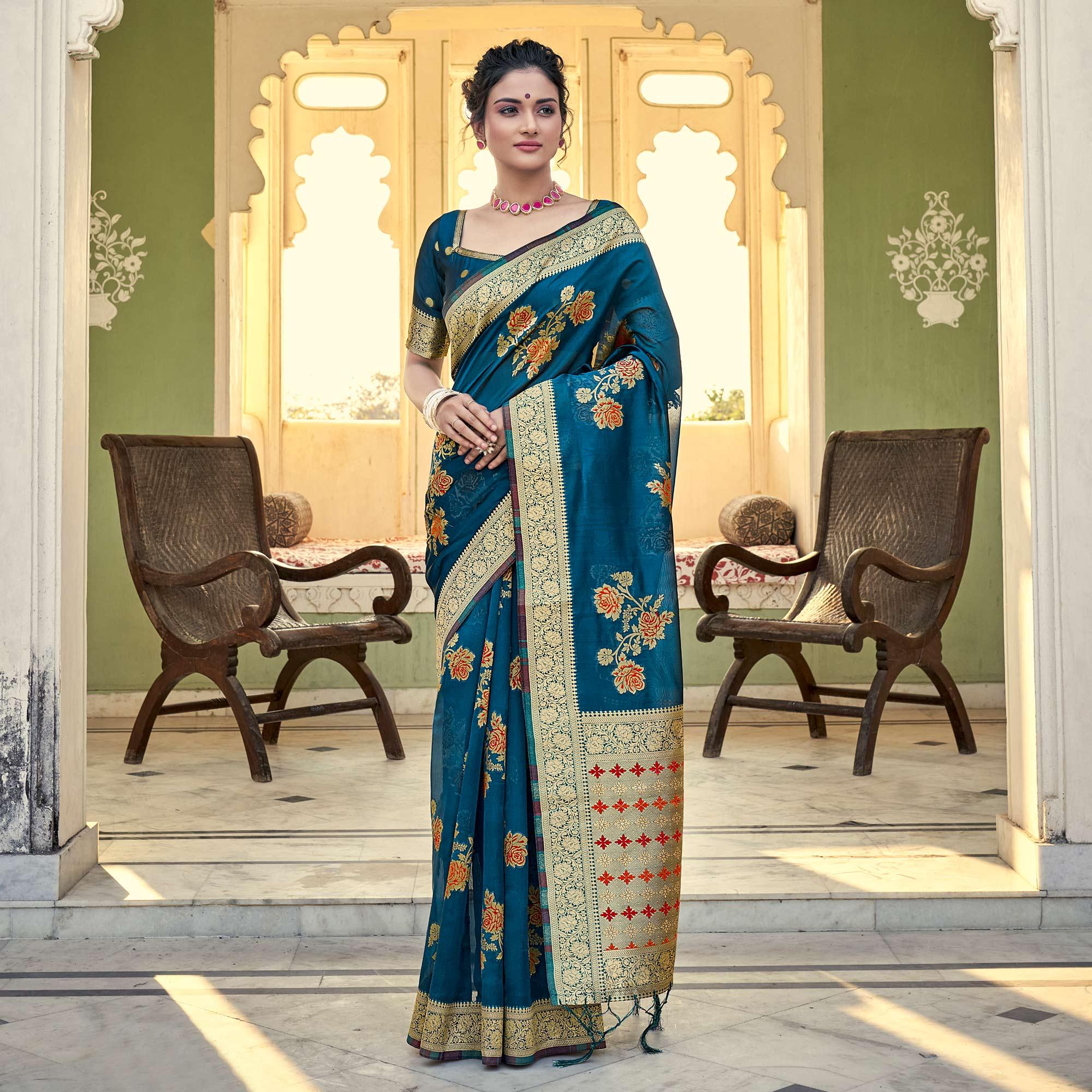 Blue Festive Wear Woven Organza Saree - Peachmode