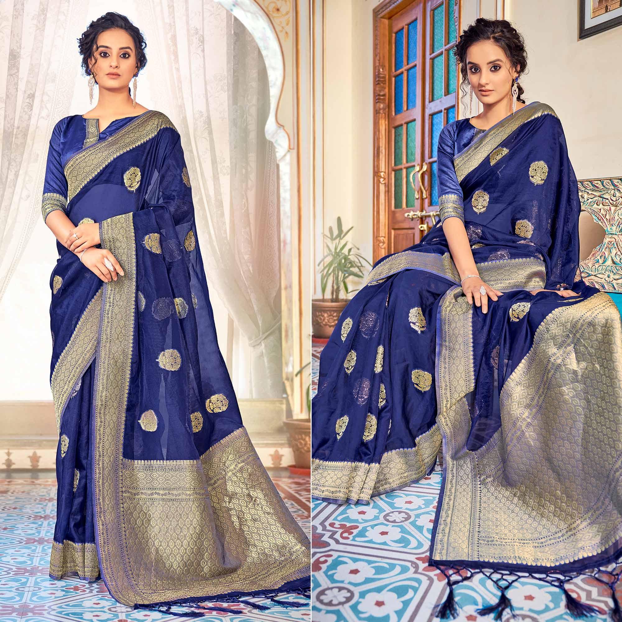Blue Festive Wear Woven Organza Saree - Peachmode