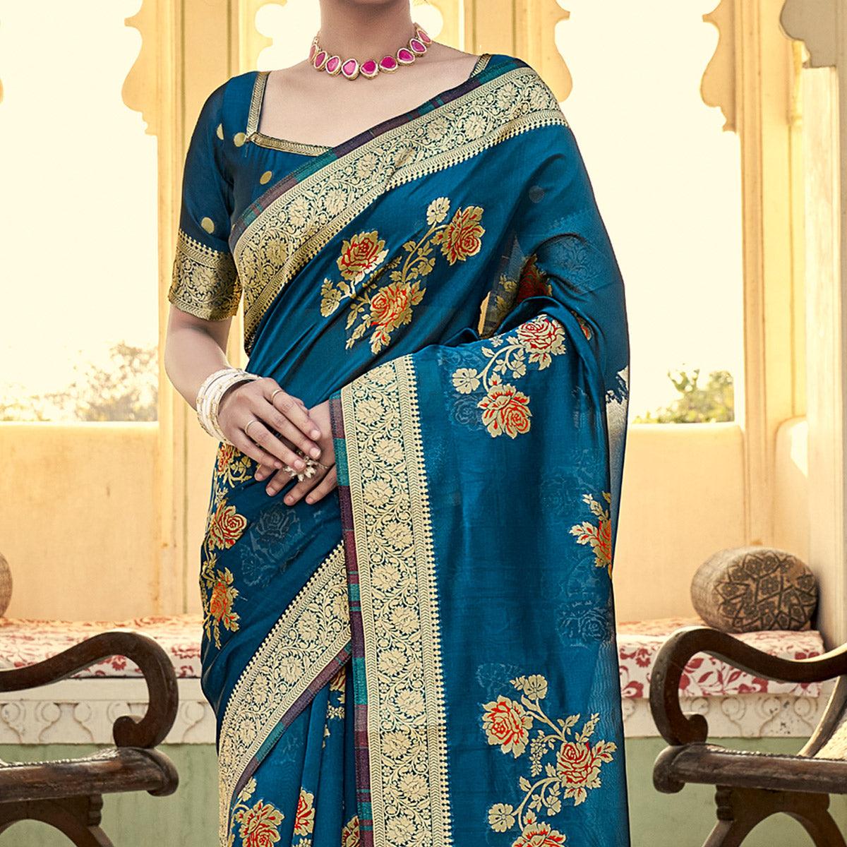 Blue Festive Wear Woven Organza Saree - Peachmode