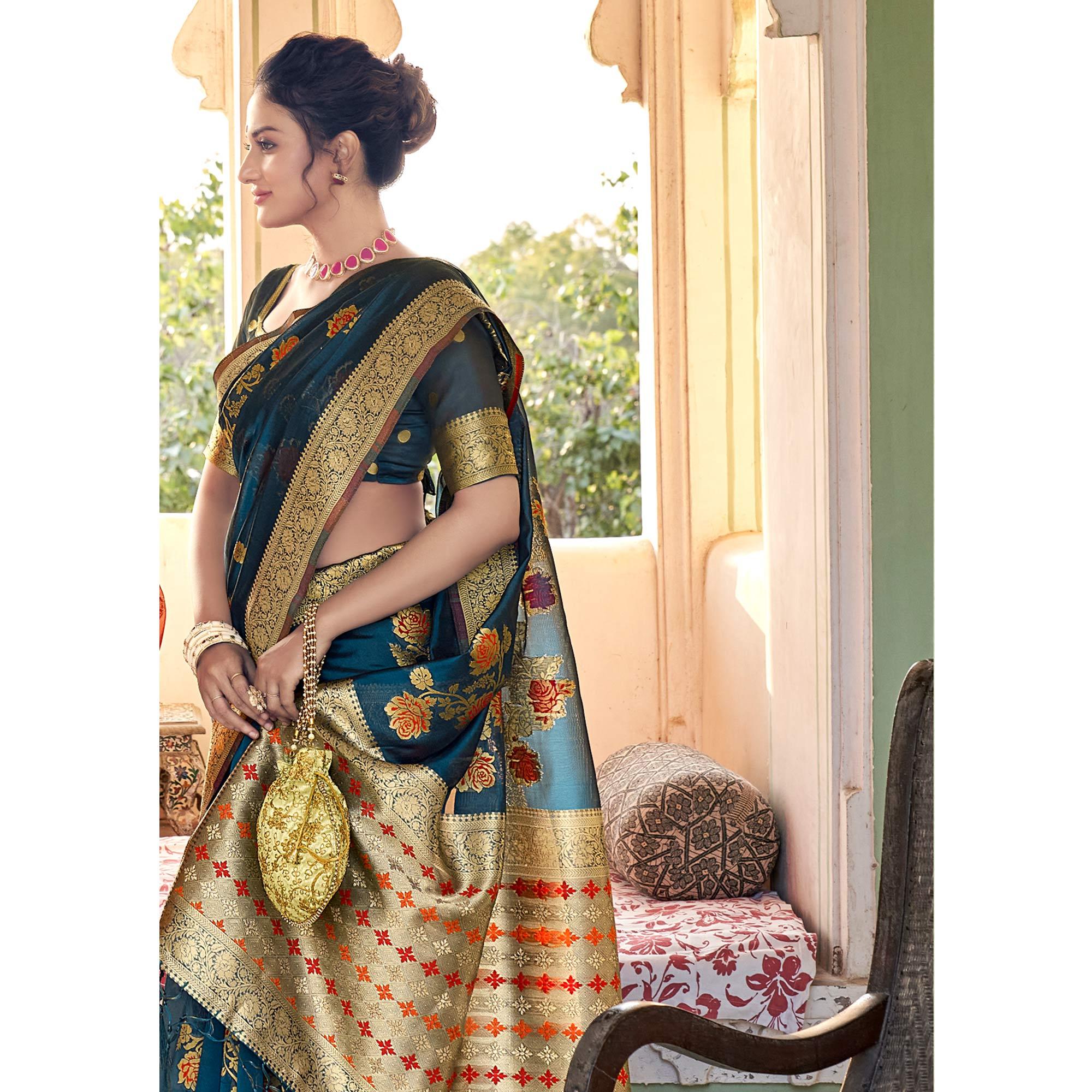 Blue Festive Wear Woven Organza Saree - Peachmode