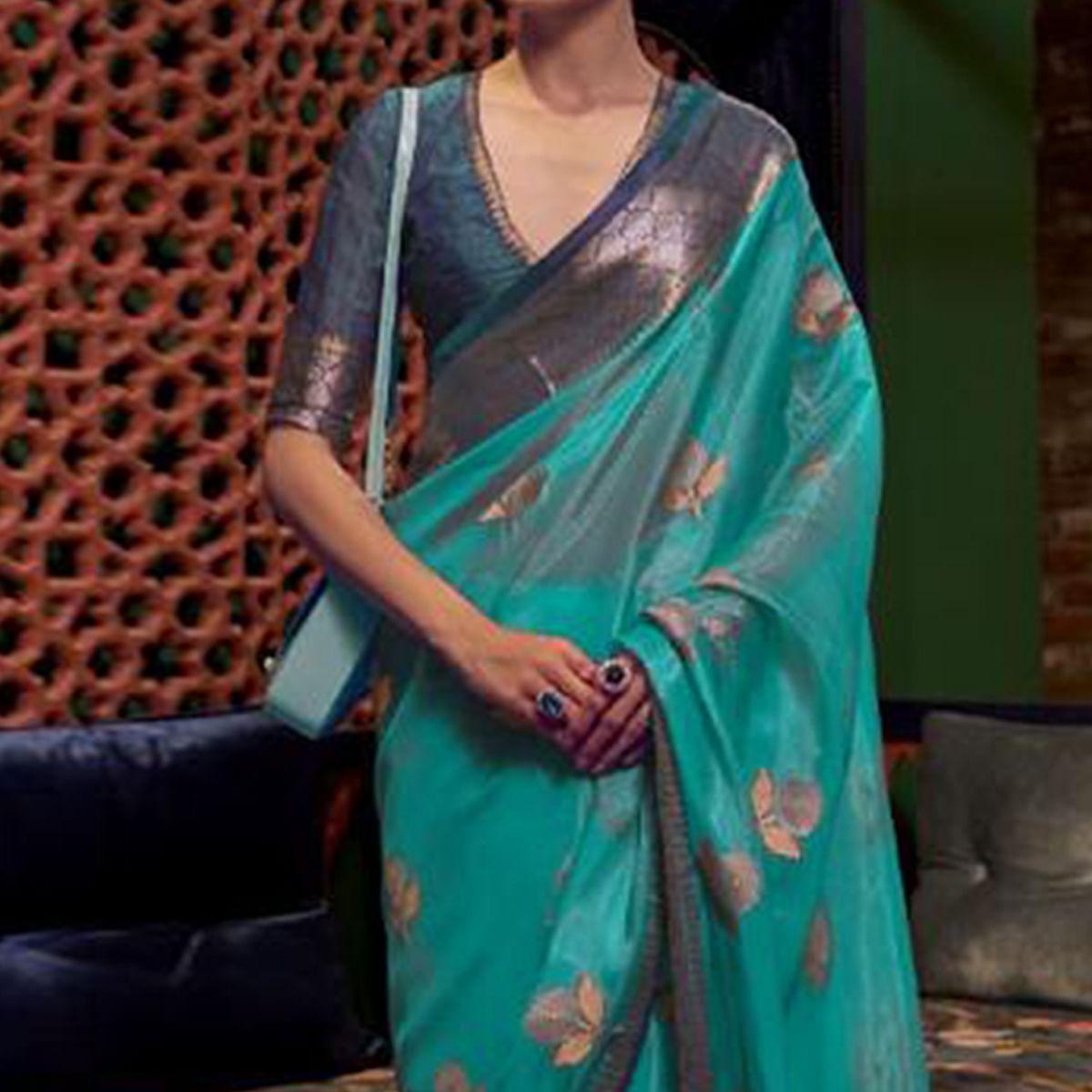 Blue Festive Wear Woven Organza Saree - Peachmode