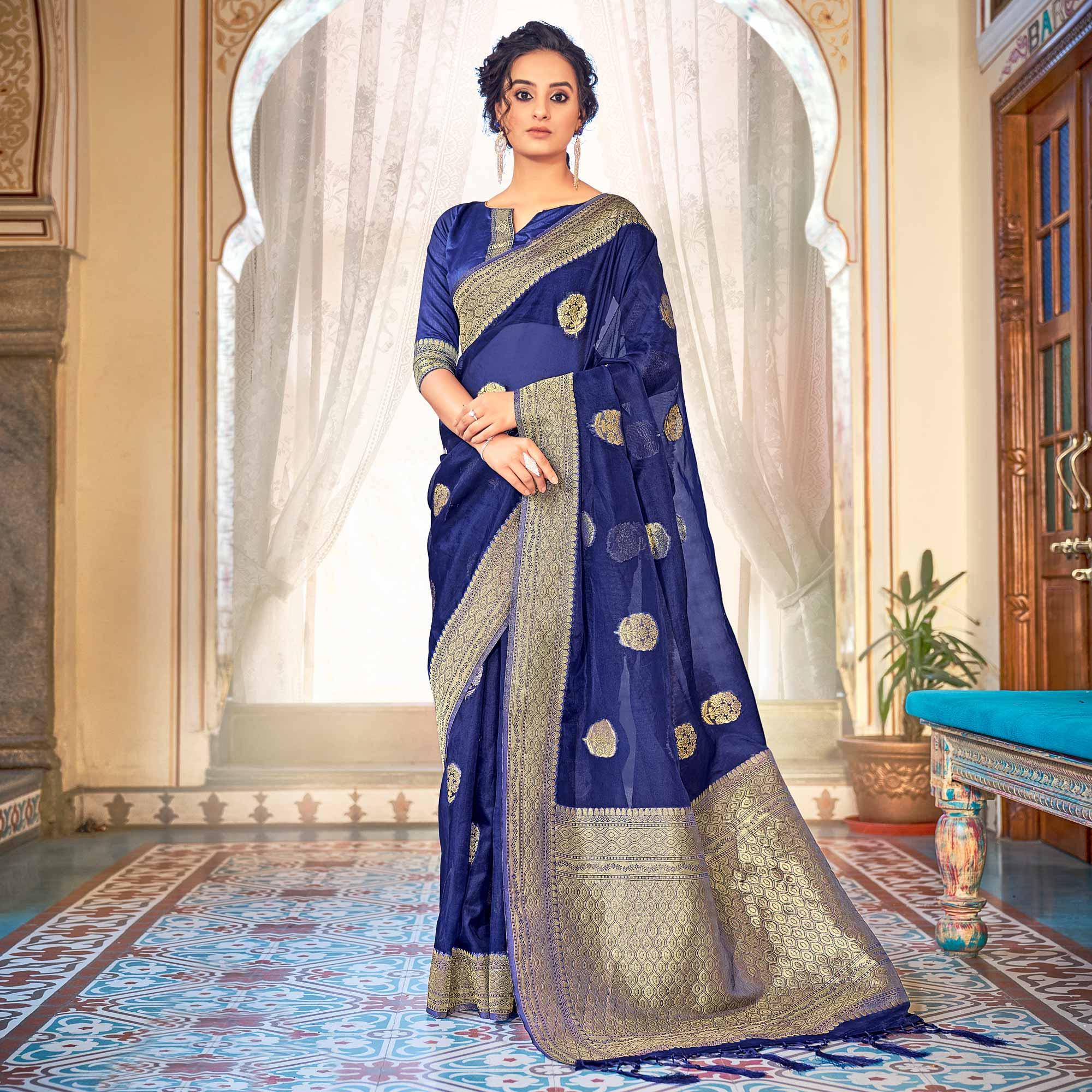 Blue Festive Wear Woven Organza Saree - Peachmode