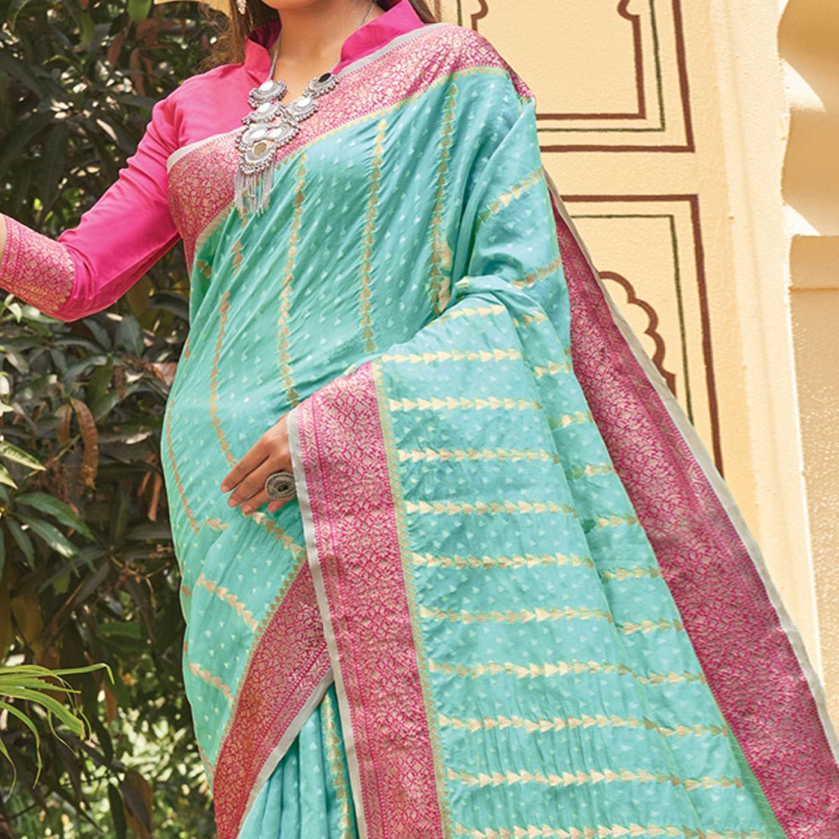 Blue Festive Wear Woven Organza Saree With Tassels - Peachmode