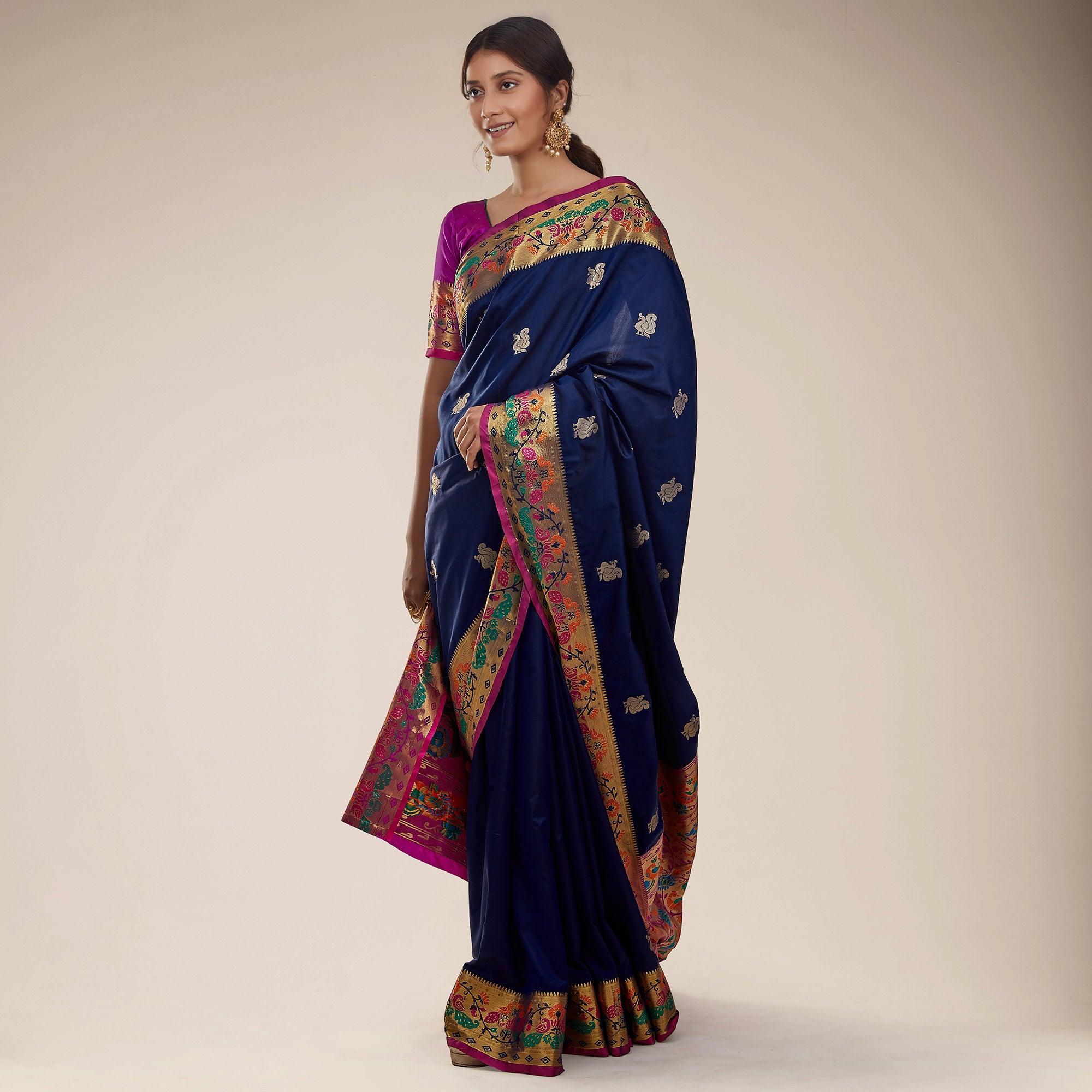 Blue Festive Wear Woven Paithani Pallu Silk Saree - Peachmode