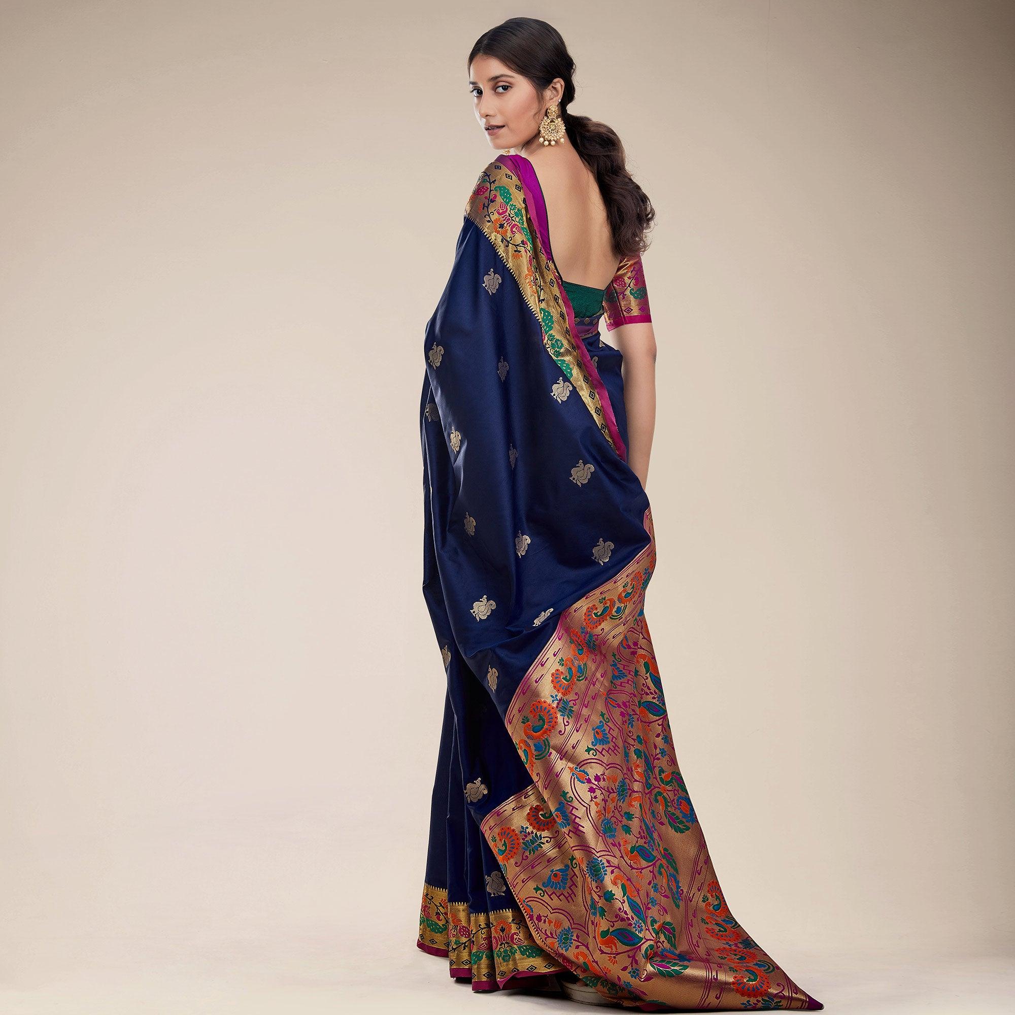 Blue Festive Wear Woven Paithani Pallu Silk Saree - Peachmode