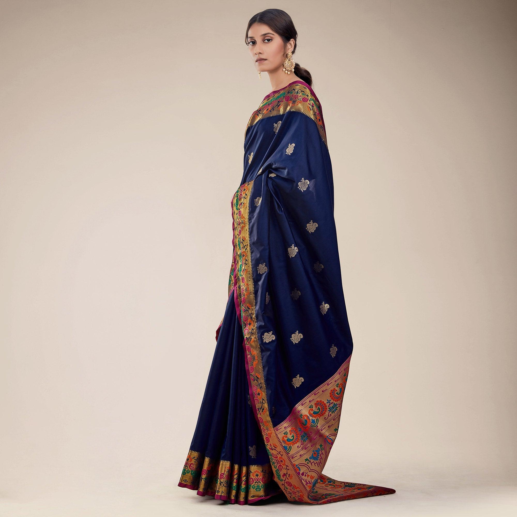 Blue Festive Wear Woven Paithani Pallu Silk Saree - Peachmode