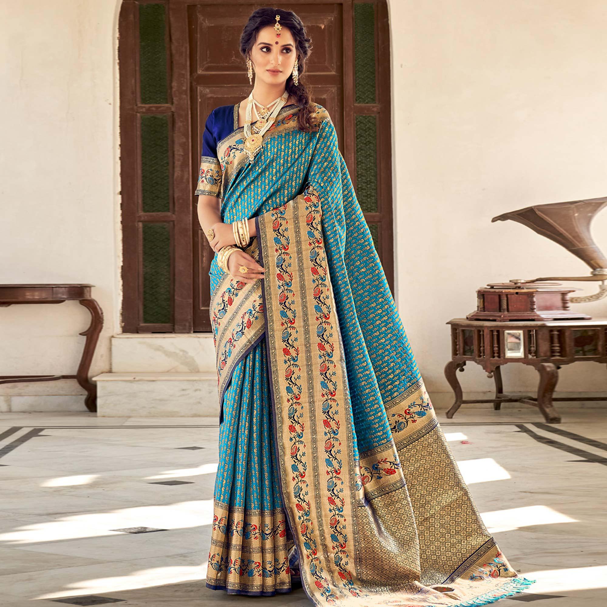 Blue Festive Wear Woven Paithani Silk Saree - Peachmode