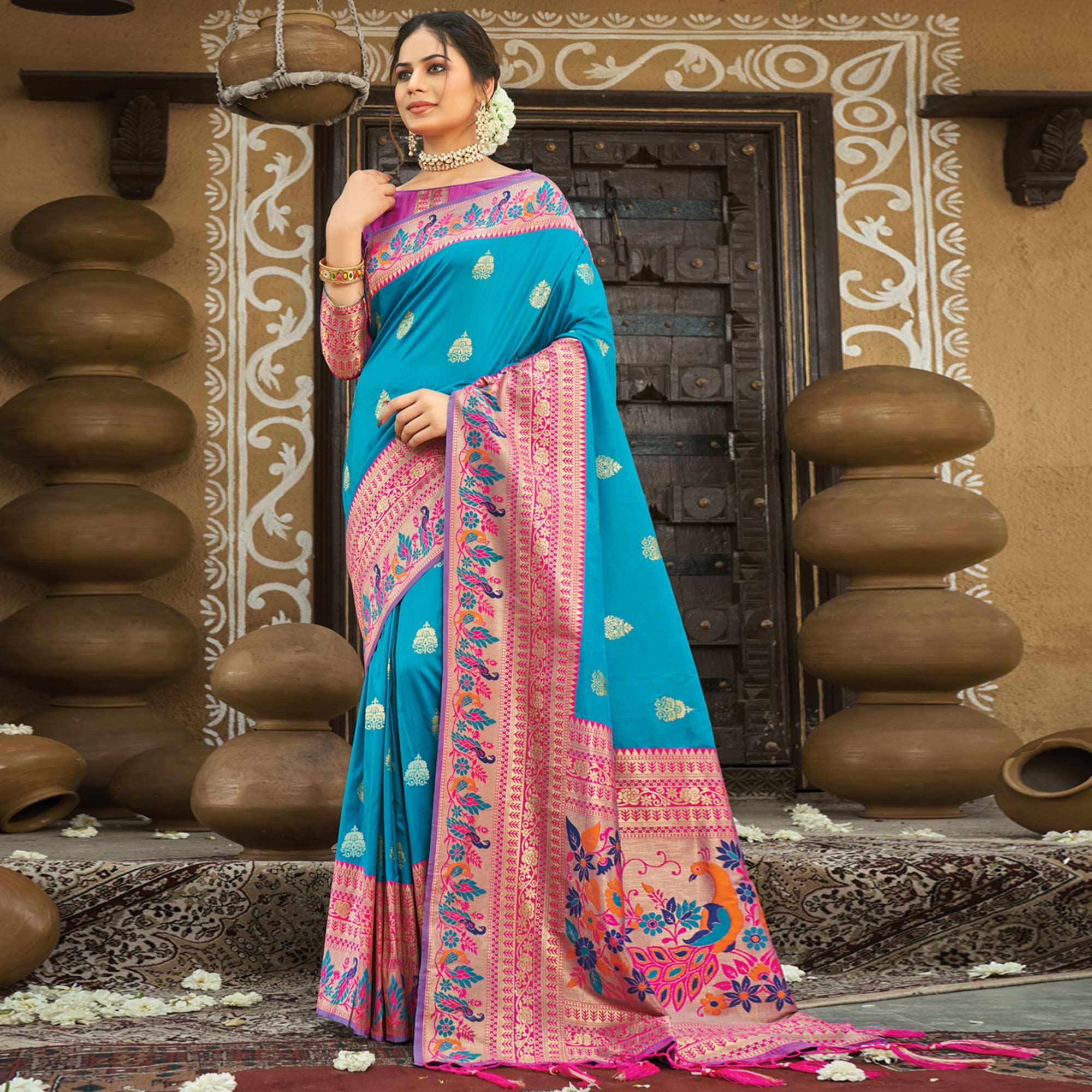 Blue Festive Wear Woven Paithani Silk Saree - Peachmode
