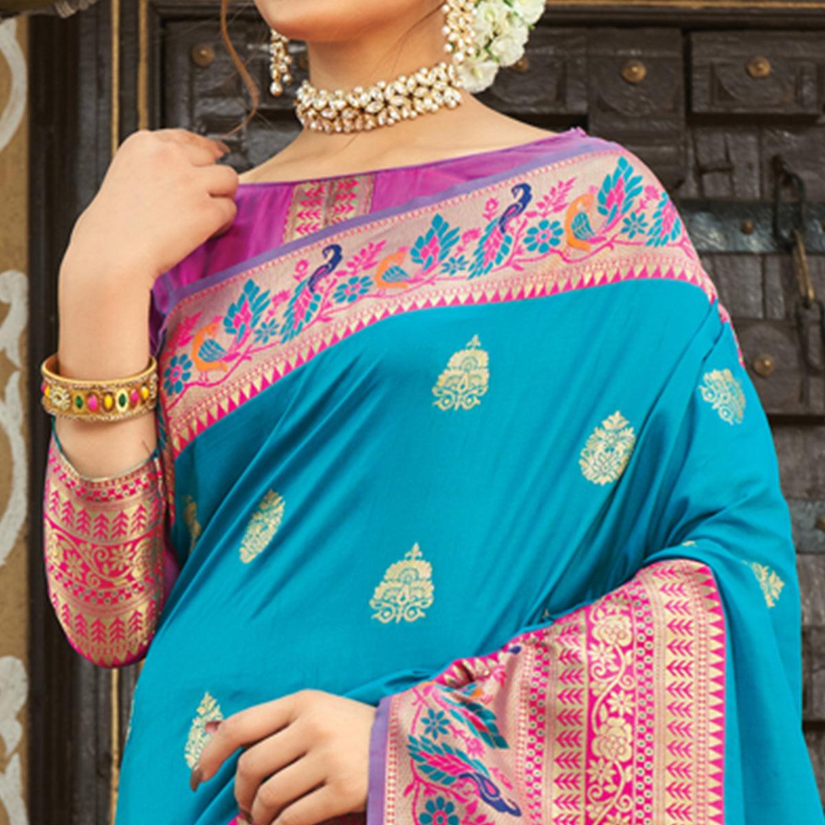 Blue Festive Wear Woven Paithani Silk Saree - Peachmode