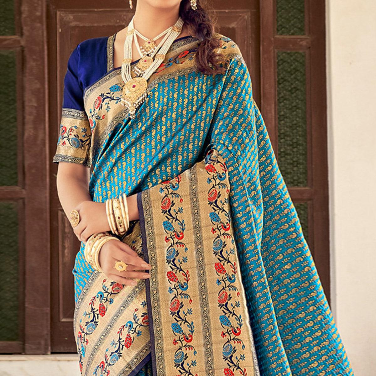 Blue Festive Wear Woven Paithani Silk Saree - Peachmode