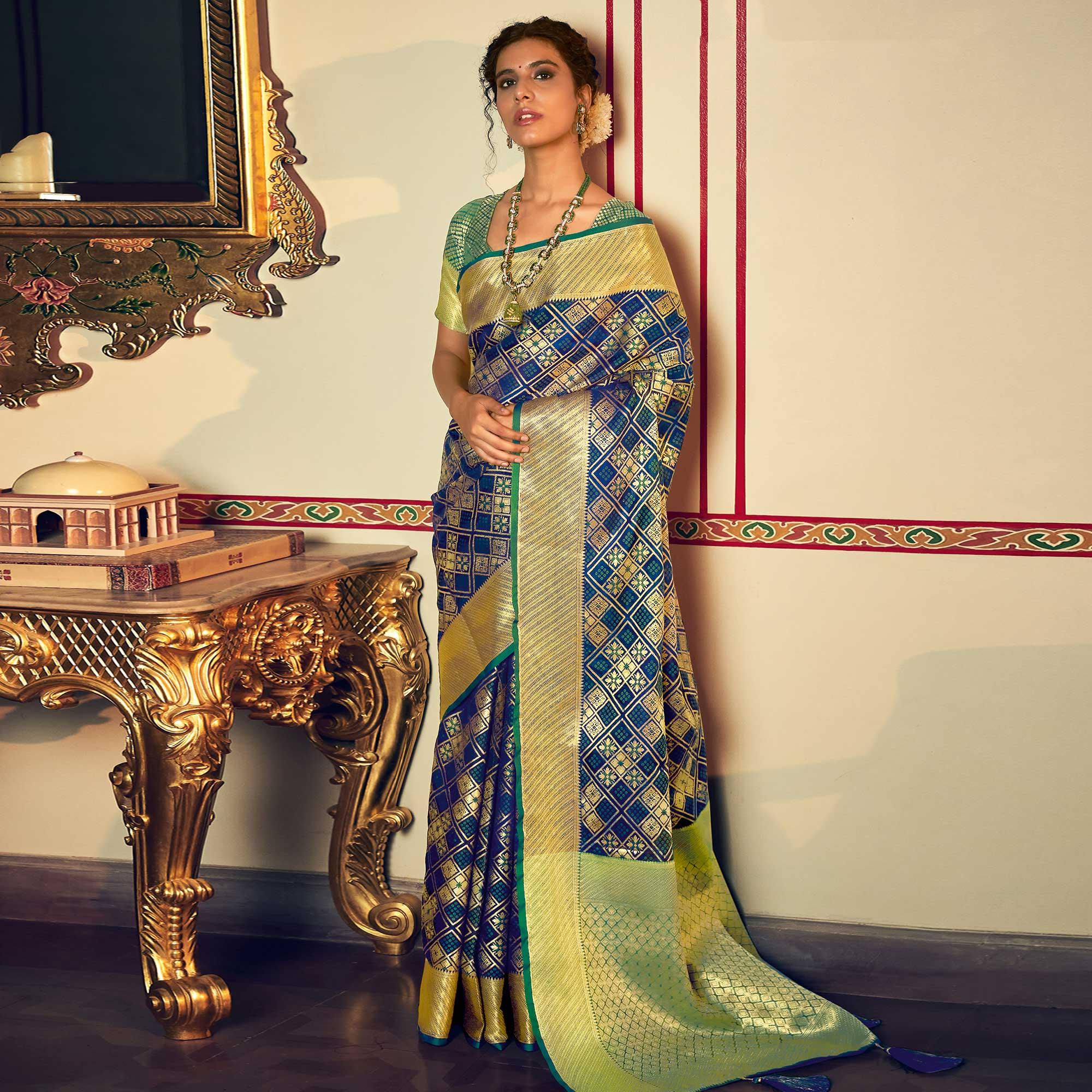 Blue Festive Wear Woven Patola Silk Saree - Peachmode