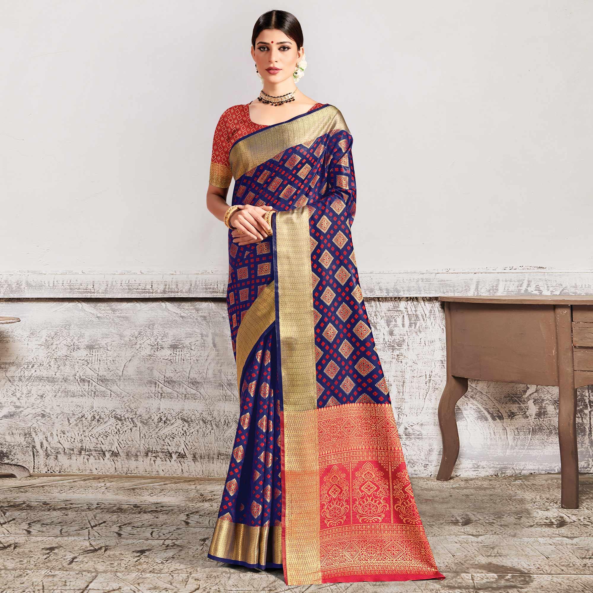 Blue Festive Wear Woven Patola Silk Saree - Peachmode