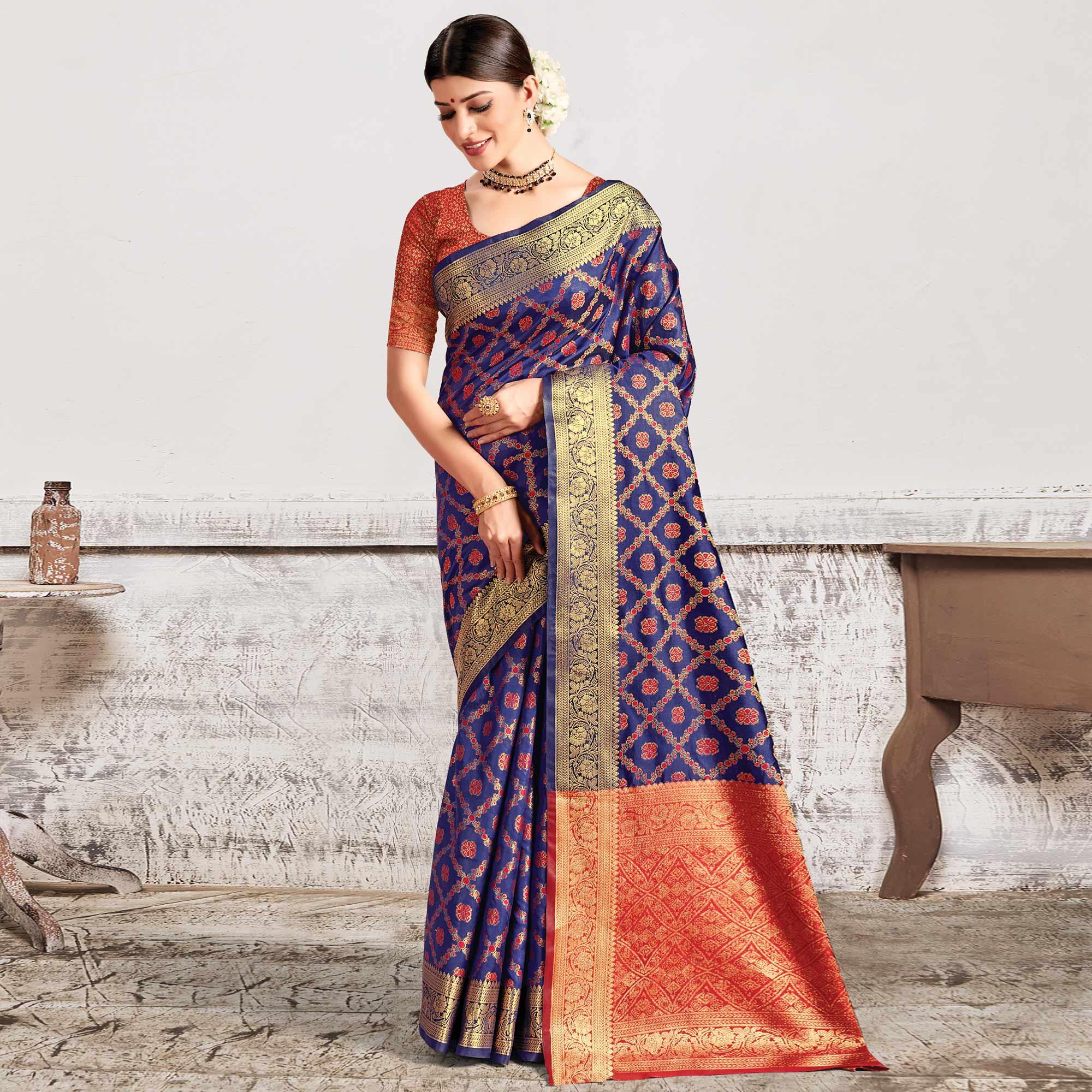 Blue Festive Wear Woven Patola Silk Saree - Peachmode