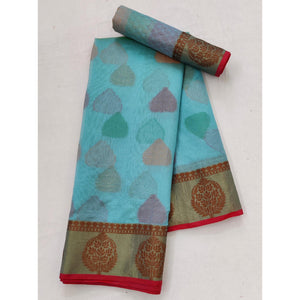 Blue Festive Wear Woven Rich Pallu Organza Saree - Peachmode