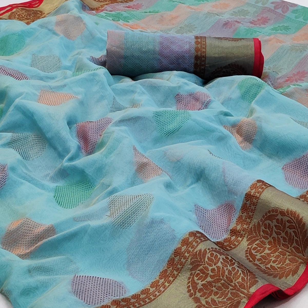 Blue Festive Wear Woven Rich Pallu Organza Saree - Peachmode