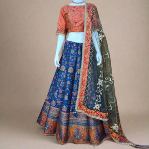 Blue Festive Wear Woven Silk Lehenga Choli - Peachmode