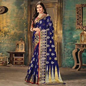 Blue Festive Wear Woven Silk Saree - Peachmode