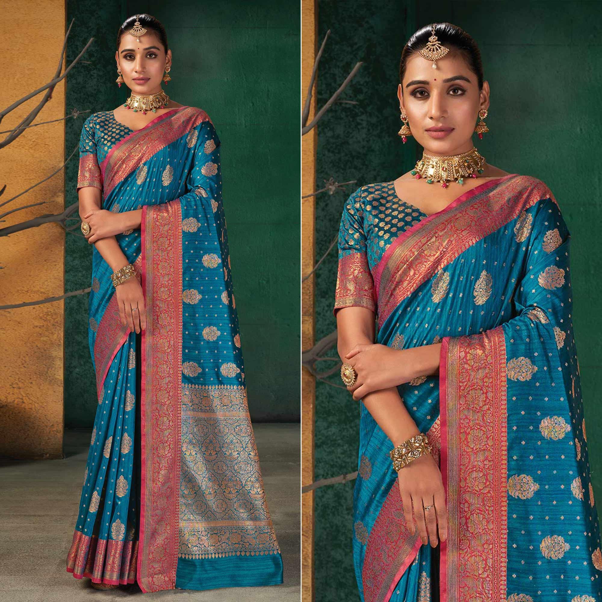 Blue Festive Wear Woven Silk Saree - Peachmode