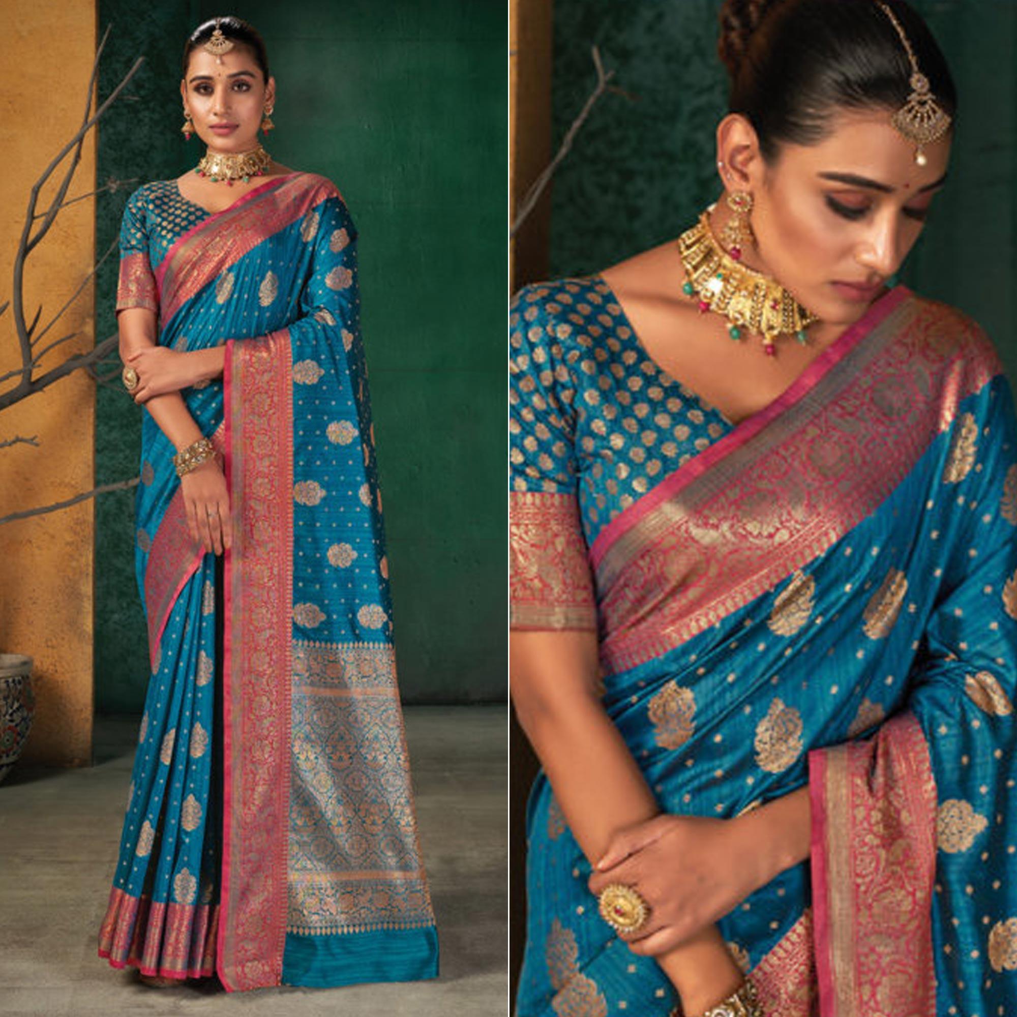 Blue Festive Wear Woven Silk Saree - Peachmode