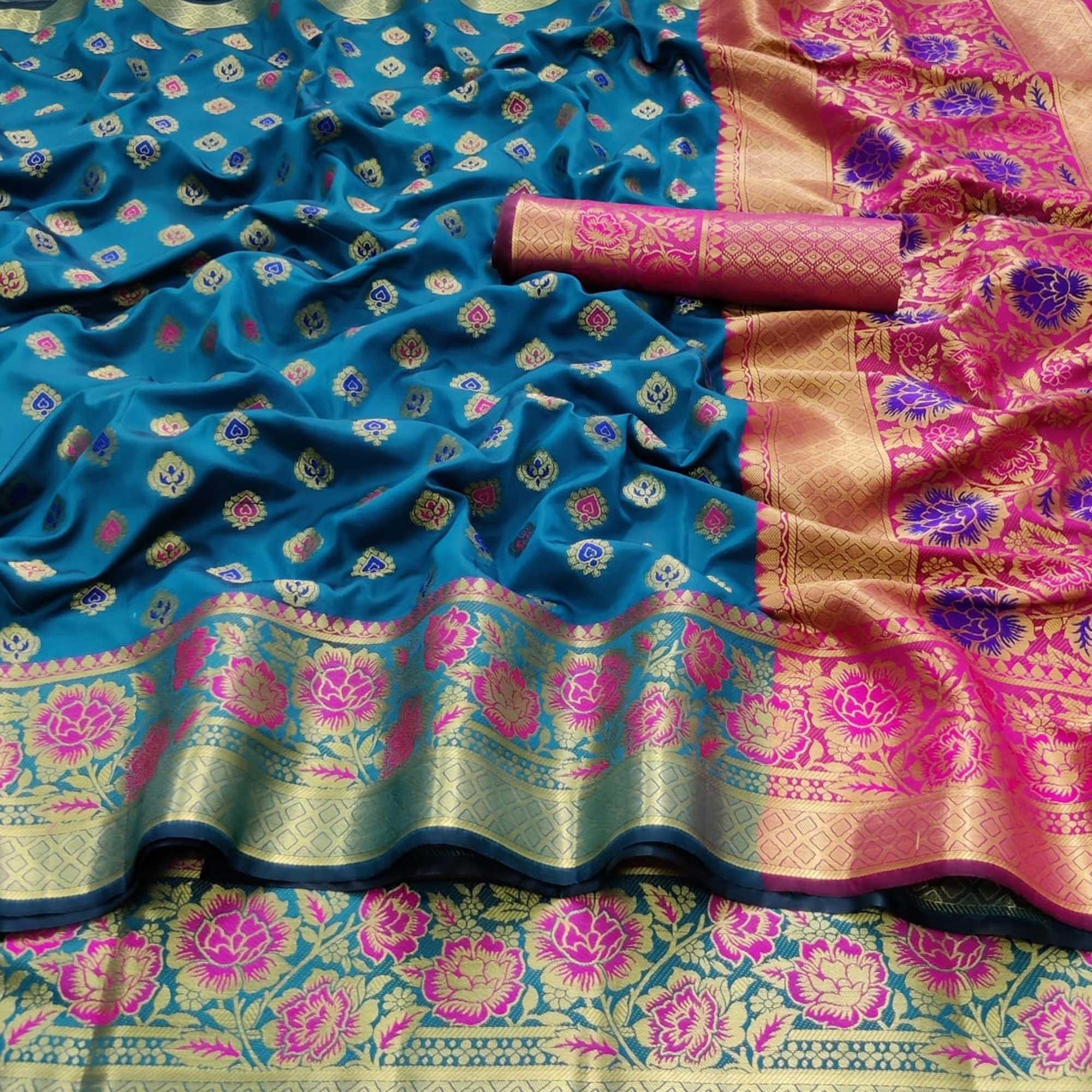 Blue Festive Wear Woven Silk Saree - Peachmode