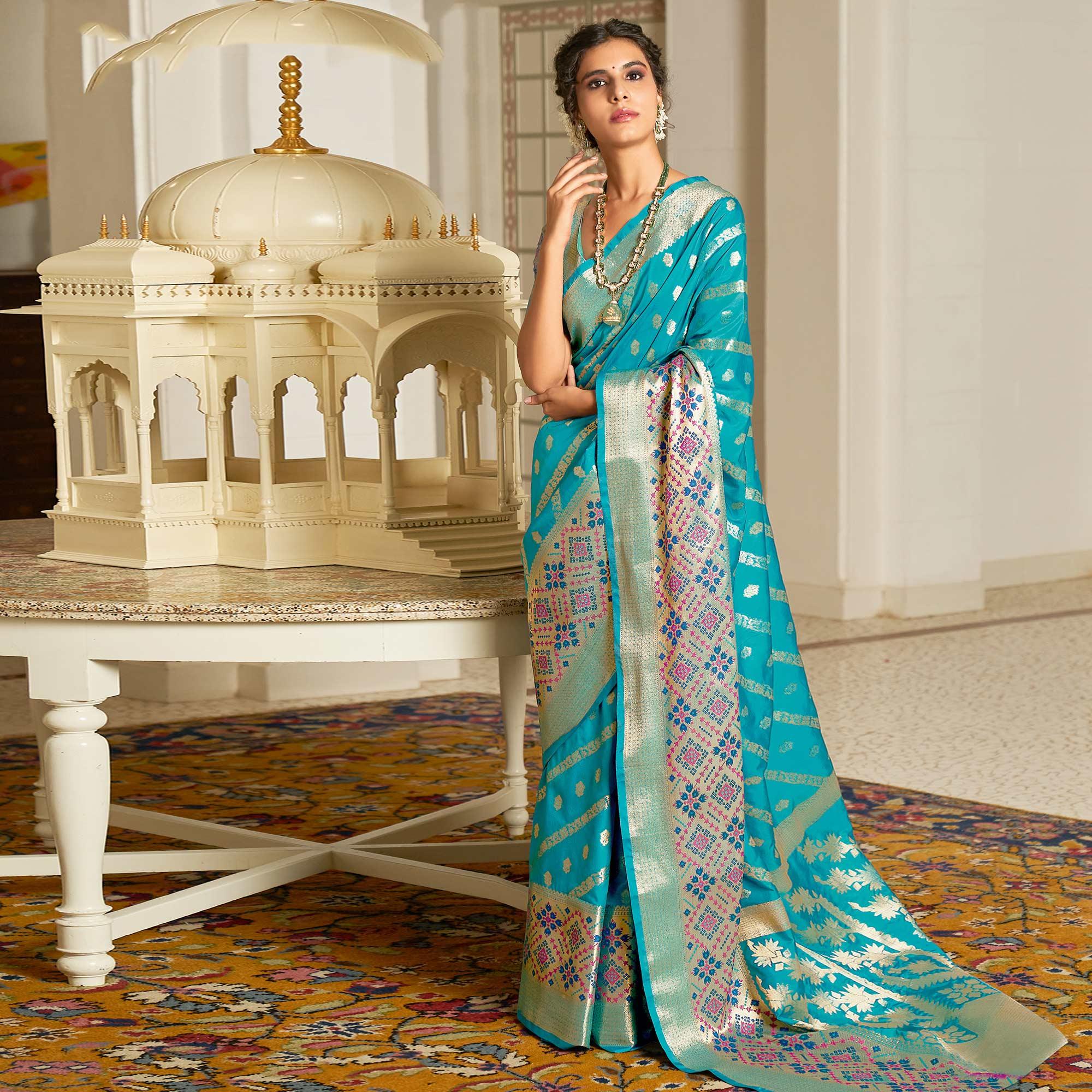 Blue Festive Wear Woven Silk Saree - Peachmode