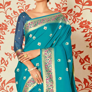 Blue Festive Wear Woven Silk Saree - Peachmode
