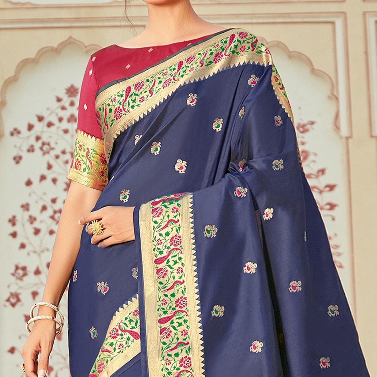 Blue Festive Wear Woven Silk Saree - Peachmode