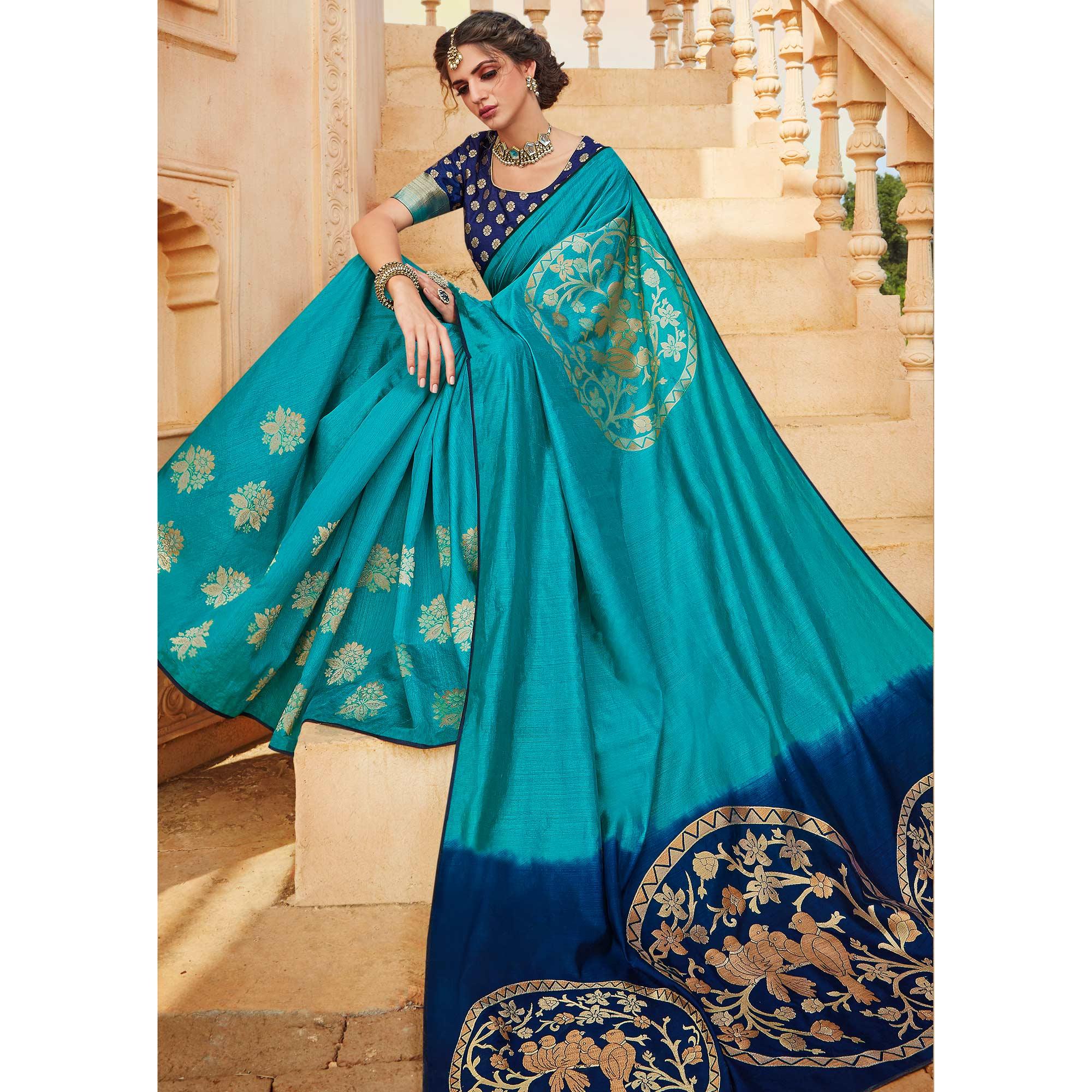 Blue Festive Wear Woven Silk Saree - Peachmode