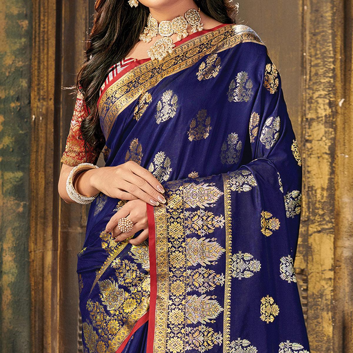 Blue Festive Wear Woven Silk Saree - Peachmode