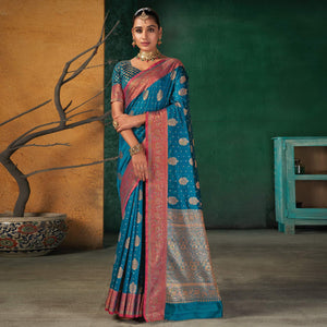 Blue Festive Wear Woven Silk Saree - Peachmode