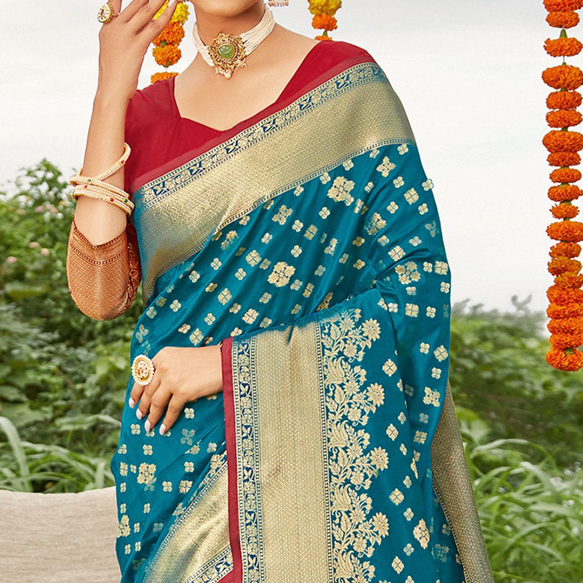 Blue Festive Wear Woven Silk Saree - Peachmode