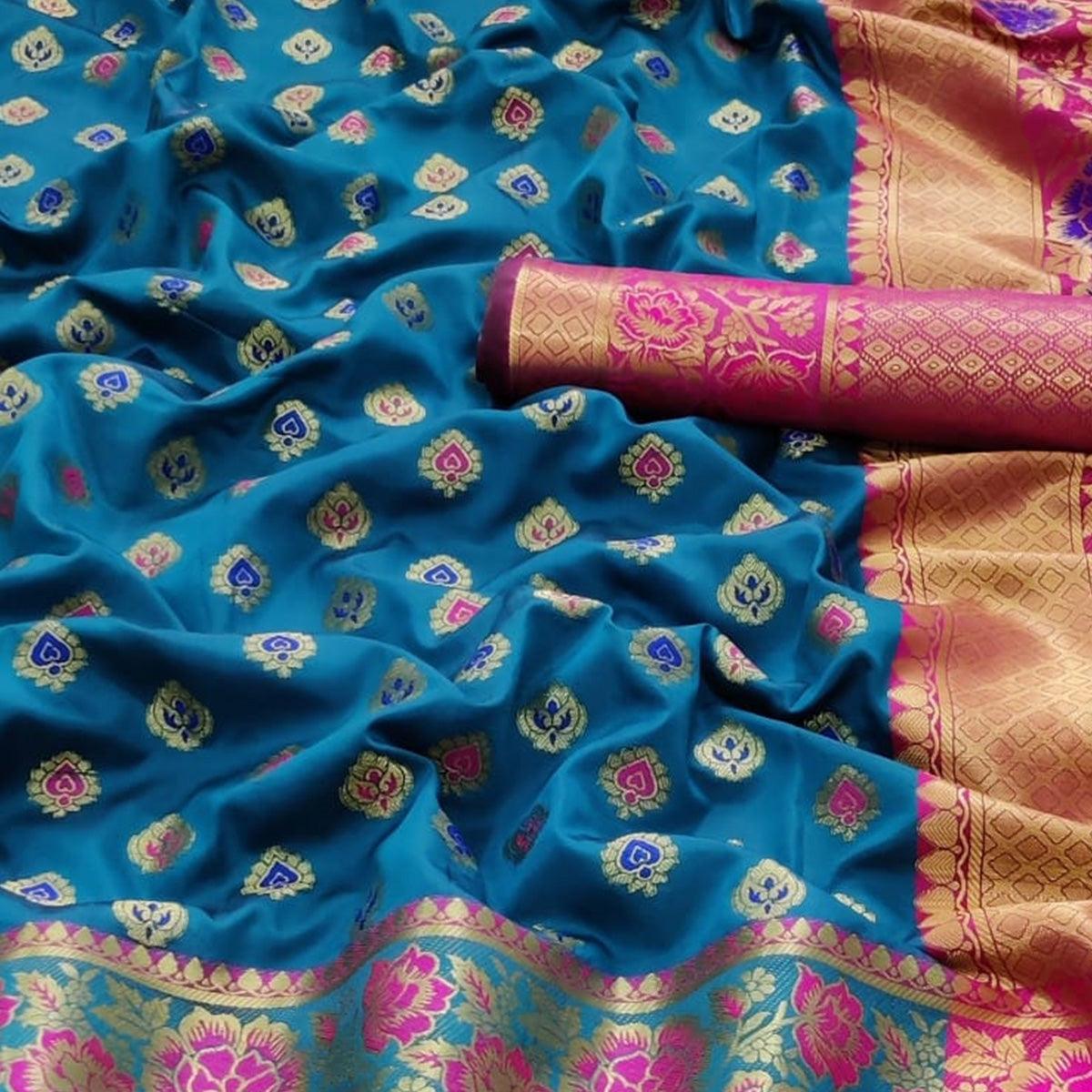 Blue Festive Wear Woven Silk Saree - Peachmode