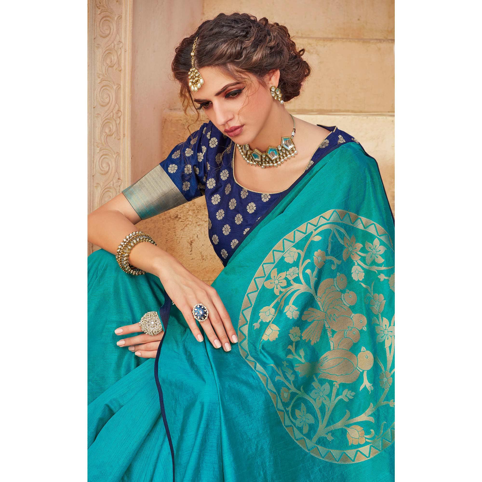 Blue Festive Wear Woven Silk Saree - Peachmode