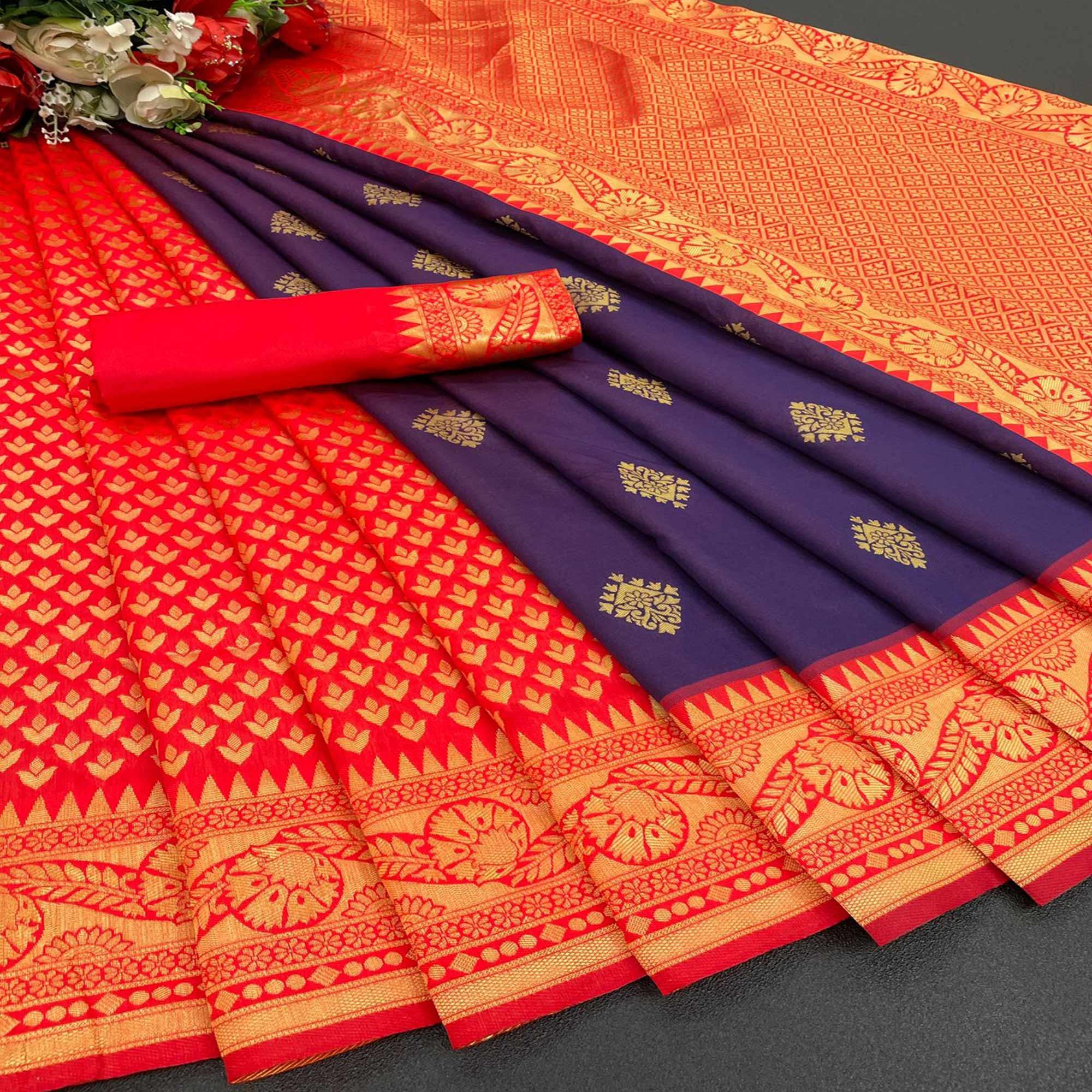 Blue Festive Wear Woven Silk Saree - Peachmode