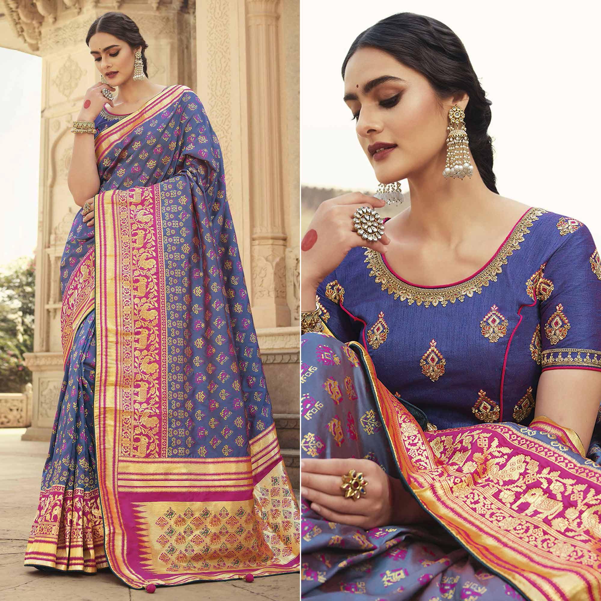 Blue Festive Wear Woven Silk Saree - Peachmode