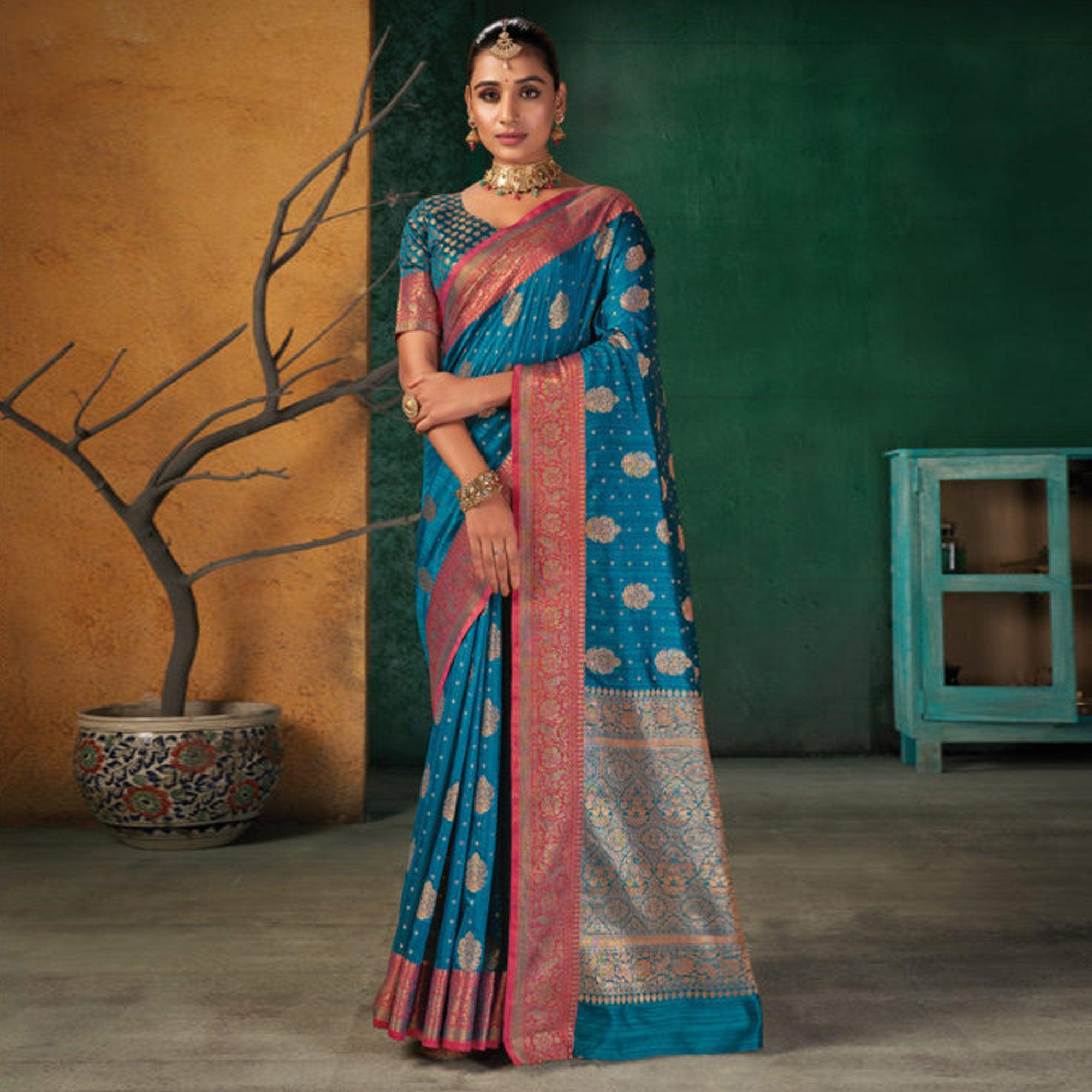 Blue Festive Wear Woven Silk Saree - Peachmode