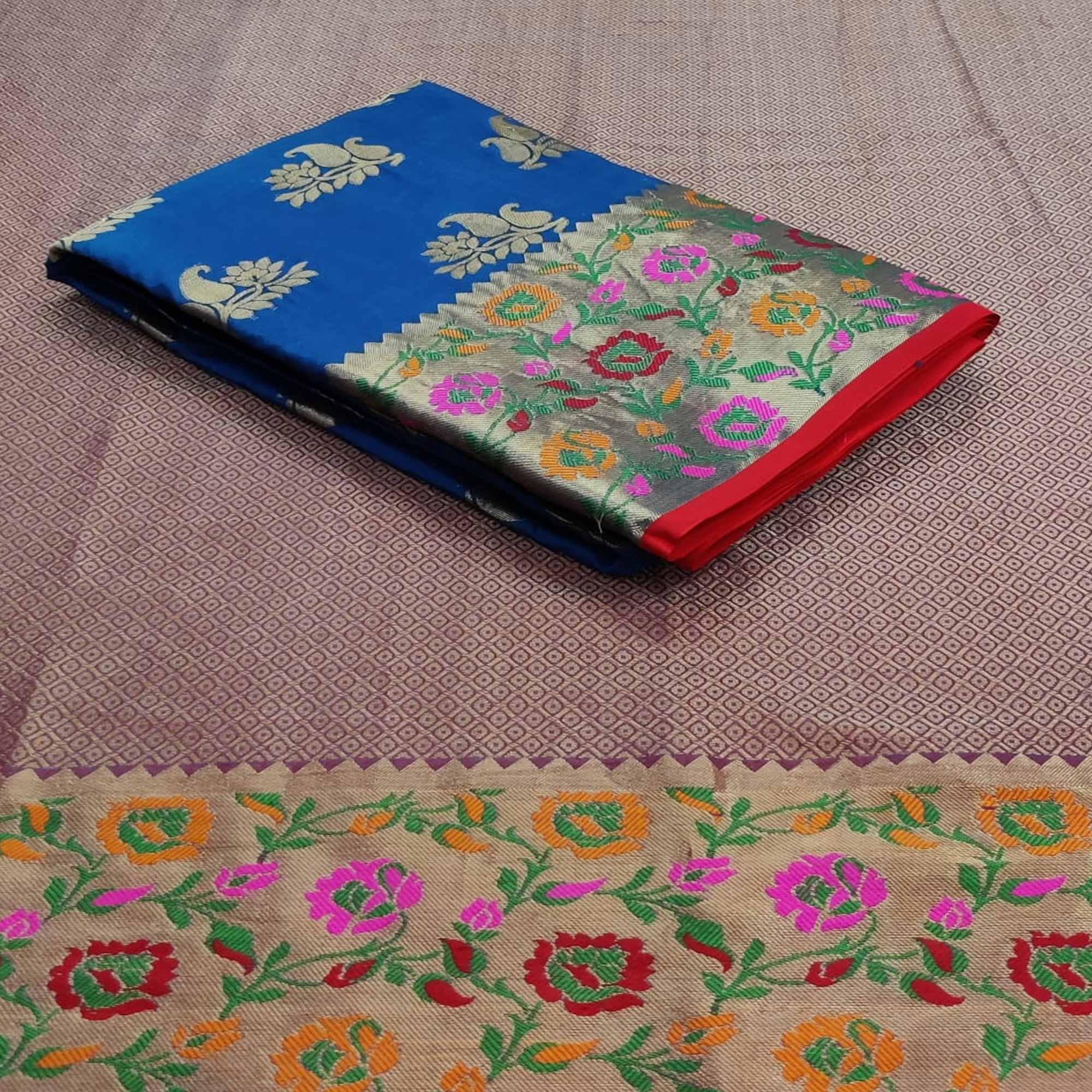 Blue Festive Wear Woven Silk Saree With Border - Peachmode