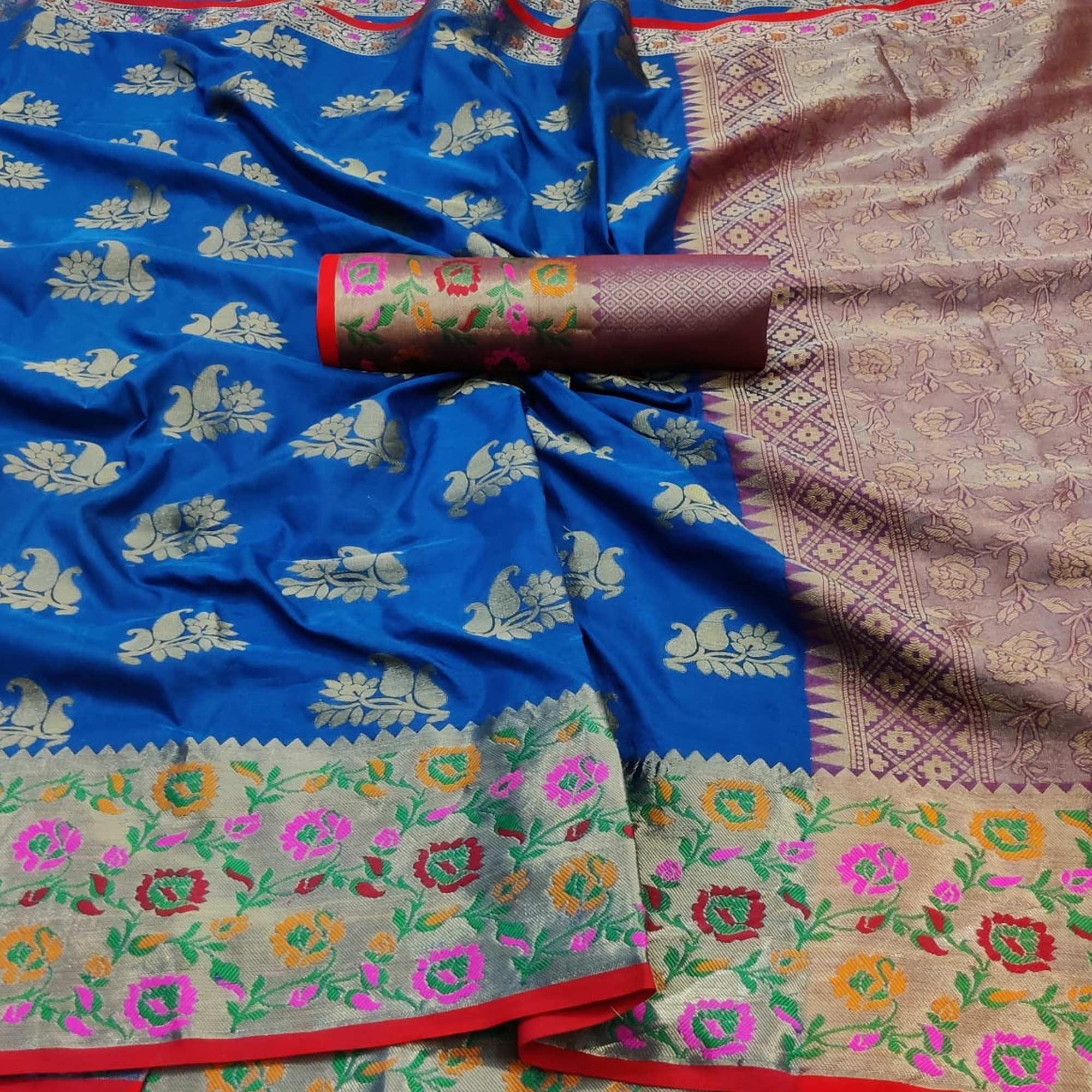 Blue Festive Wear Woven Silk Saree With Border - Peachmode