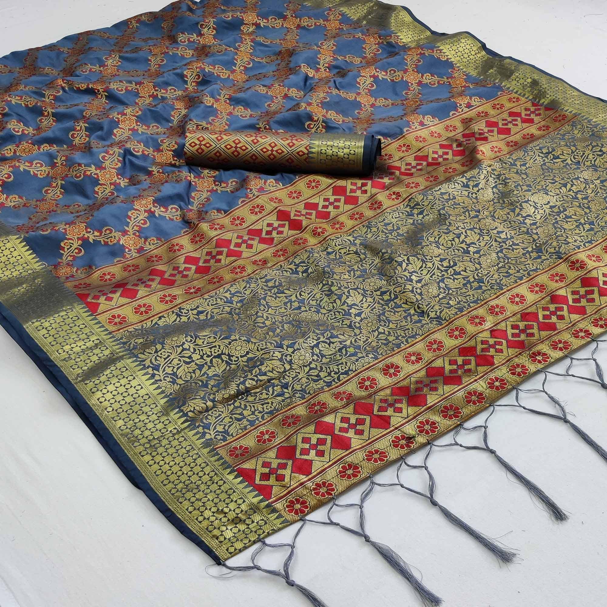 Blue Festive Wear Woven Silk Saree With Meena Butta Rich Pallu - Peachmode