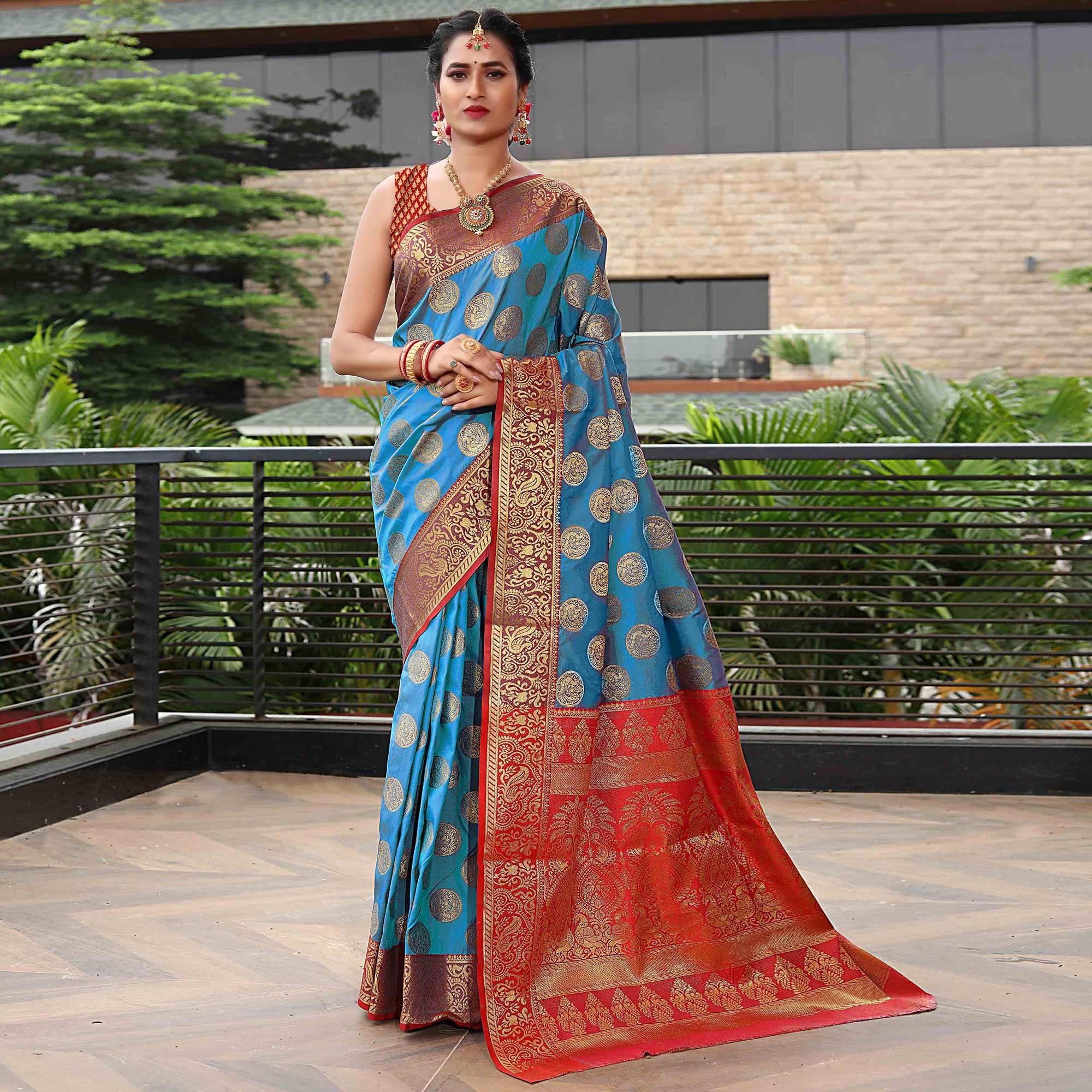 Blue Festive Wear Woven Silk Saree With Meena Butta Rich Pallu - Peachmode