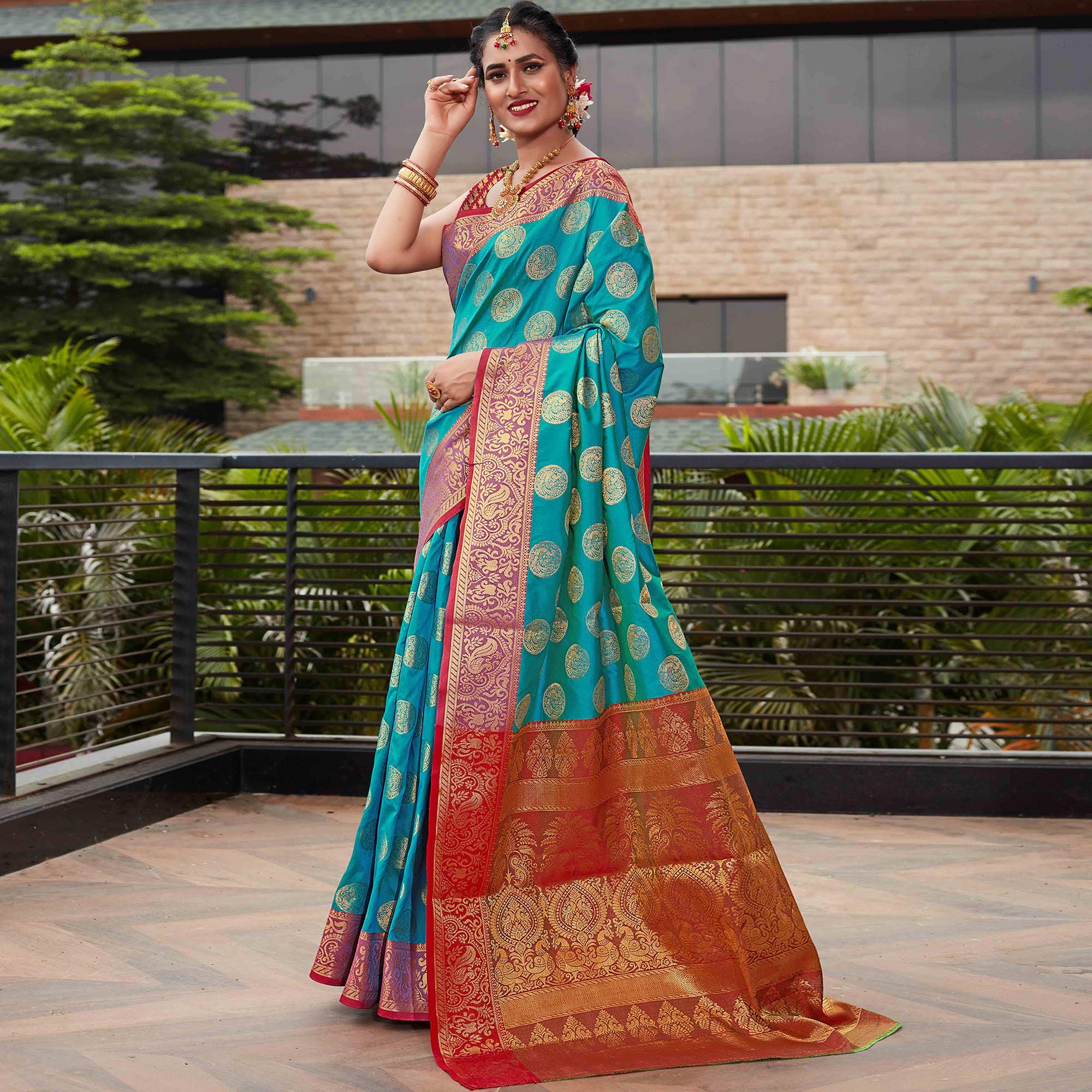 Blue Festive Wear Woven Silk Saree With Meena Butta Rich Pallu - Peachmode
